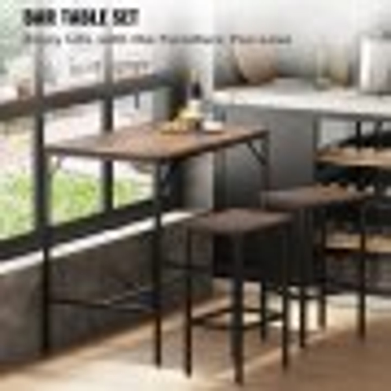 Bar Table and Chairs Set 47" Pub Table Set with 2 Bar Stools Kitchen Dining Table and Chairs Set for 2 Iron Frame Counter Height Dining Sets for Home, Kitchen, Living Room