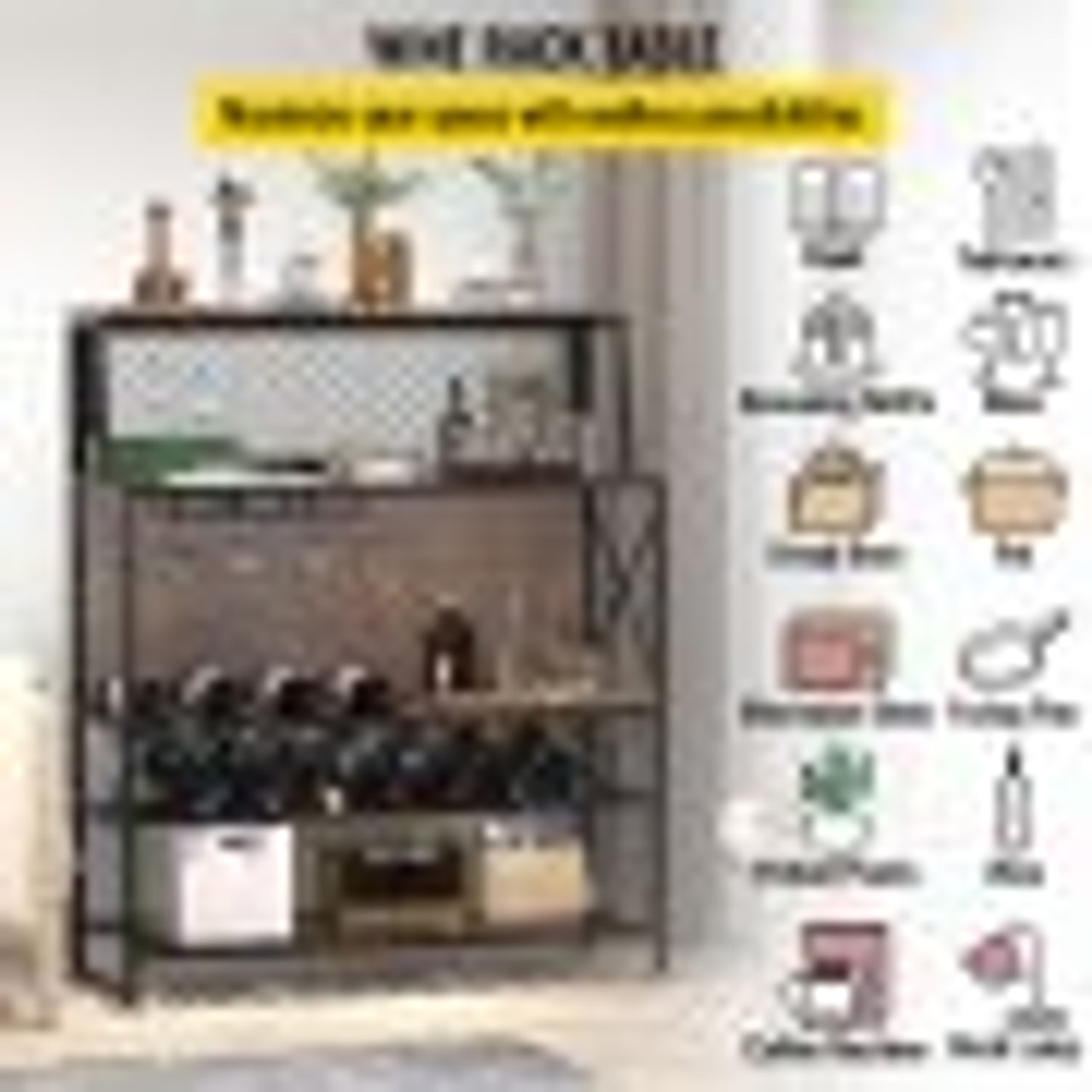 Wine Rack Home Bar Table, Industrial Liquor Storage Cabinets with Glass Holder, Bakers Rack Freestanding with Large Capacity for Home Kitchen Dining Room, Hold 12 Bottles of Wine (Rustic Brown)