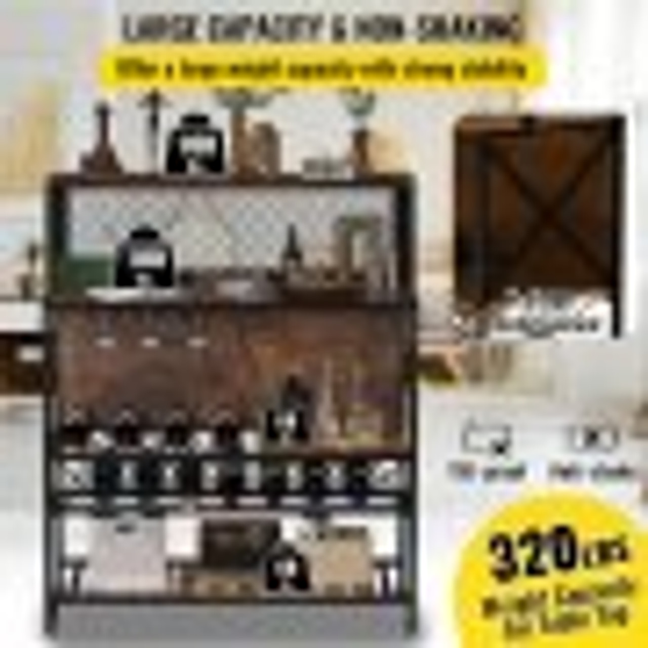 Wine Rack Home Bar Table, Industrial Liquor Storage Cabinets with Glass Holder, Bakers Rack Freestanding with Large Capacity for Home Kitchen Dining Room, Hold 12 Bottles of Wine (Rustic Brown)