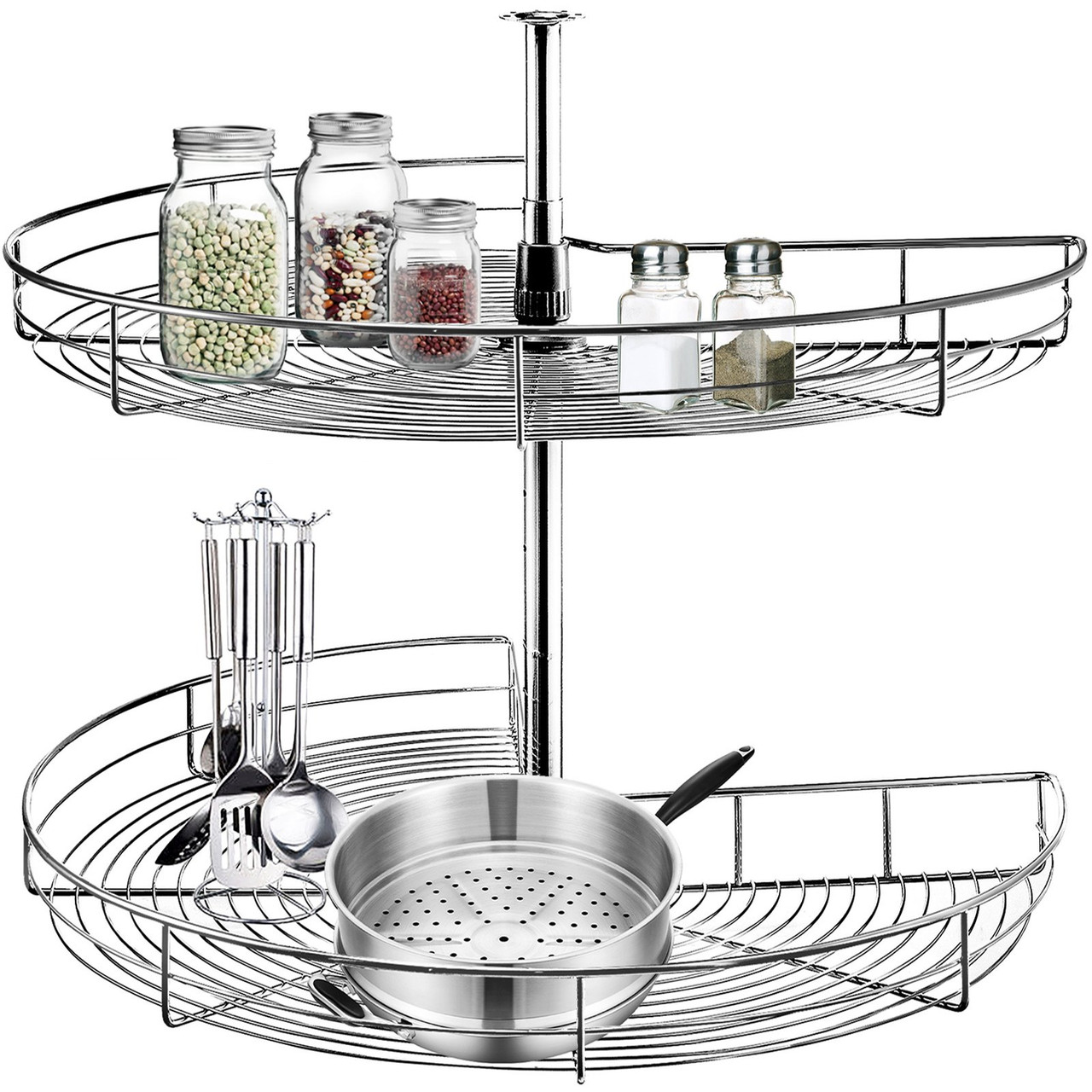 Kidney Chrome Lazy Susan, 24-inch Diameter, 360Ã¸ Rotating 2-Shelf Carbon Steel Blind Corner Cabinet Organizer with 66 lbs Total Load Capacity & Adjustable Height, Perfect for Kitchen Storage
