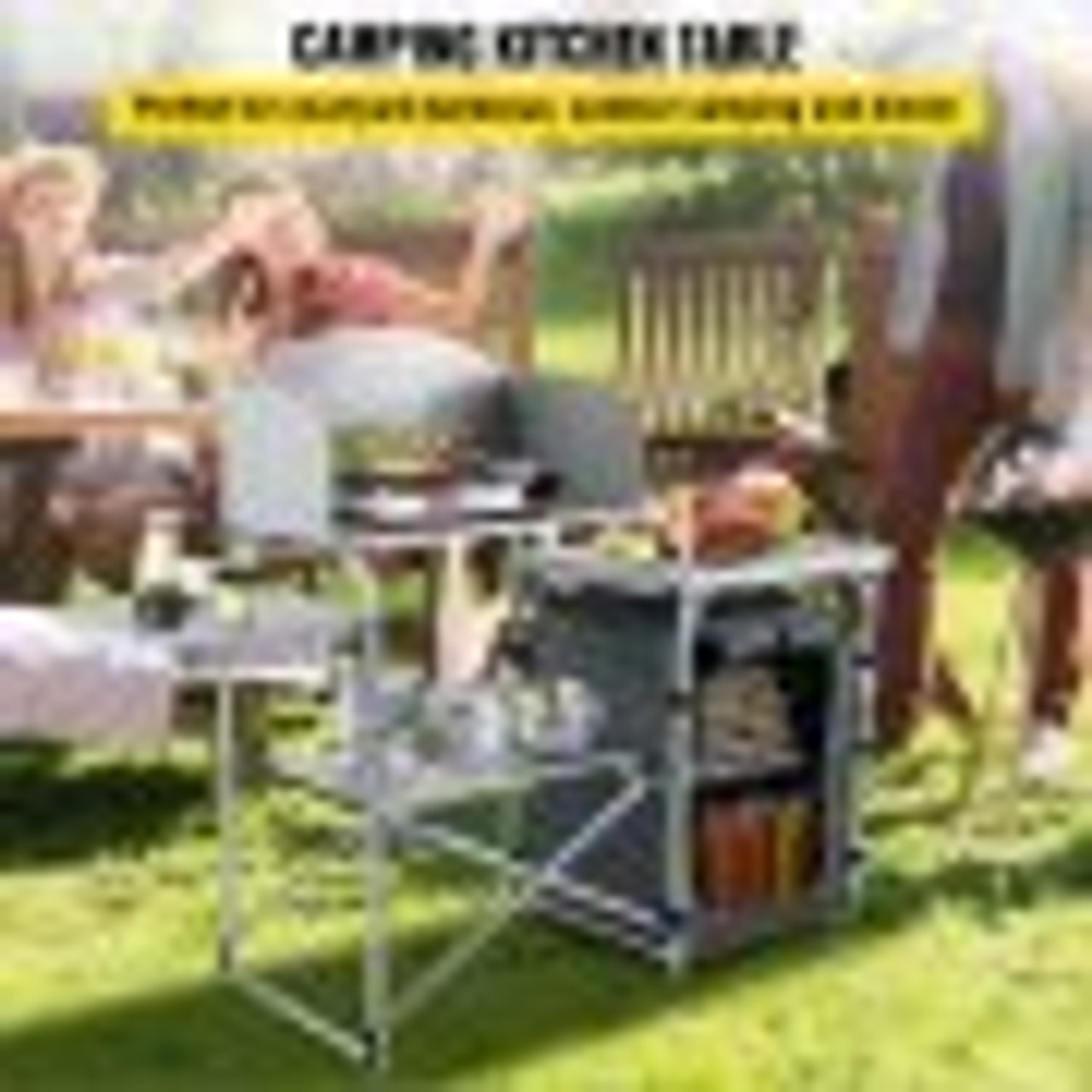 Aluminum Portable Folding Picnic Station with Windshield, Storage Organizer & 4 Adjustable Feet Quick Installation for Outdoor Beach Party Cooking, Gray, Grey
