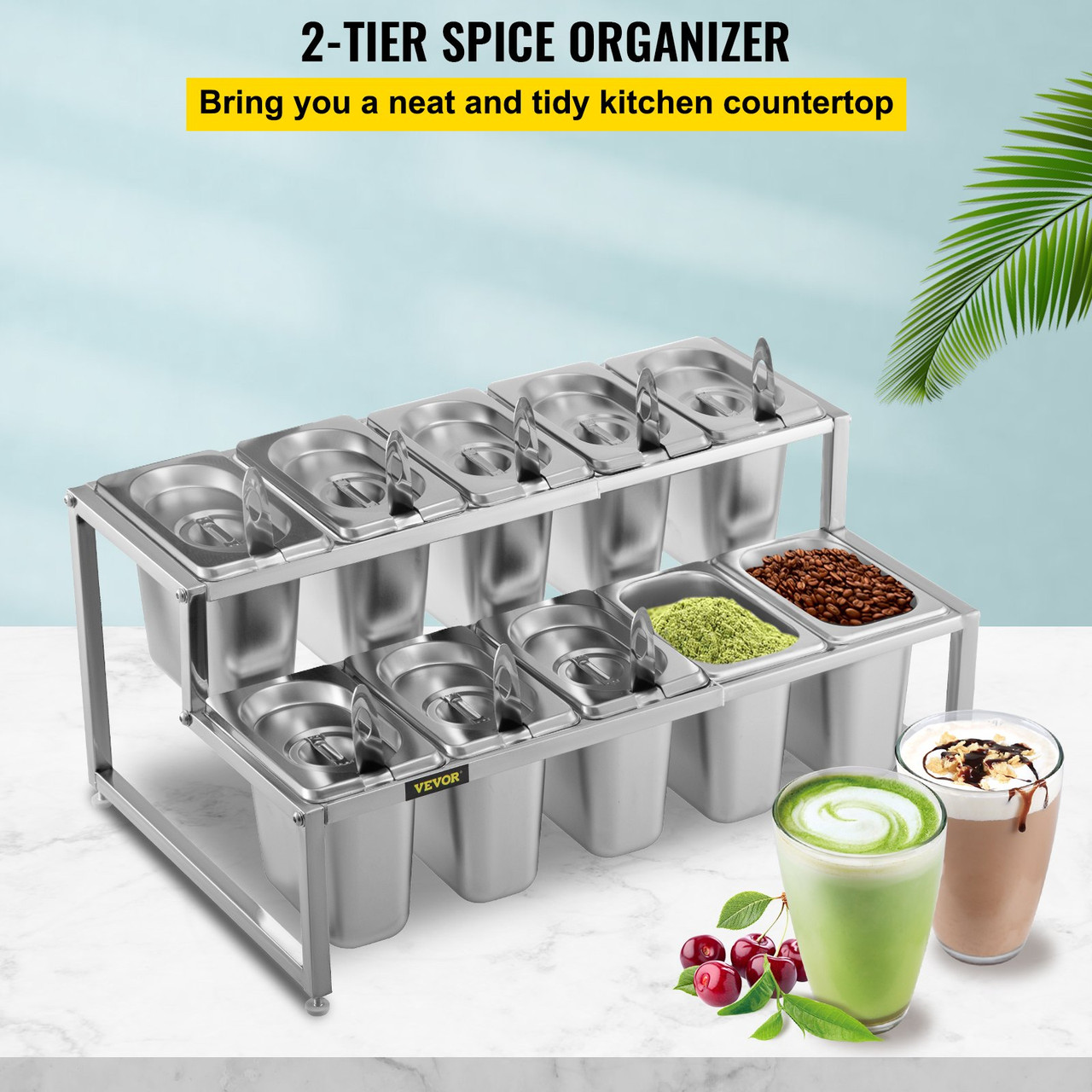 Expandable Spice Rack, 13.8"-23.6" Adjustable, 2-Tier Stainless Steel Organizer Shelf with 10 1/9 Pans and 10 Ladles, Countertop Holder for Sauce Ingredients Fruits, for Kitchen and Pantry Use