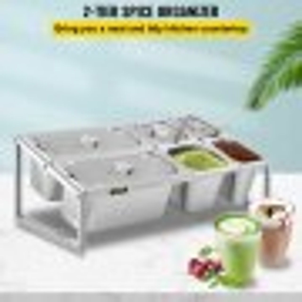 Expandable Spice Rack, 13.8"-23.6" Adjustable, 2-Tier Stainless Steel Organizer Shelf with 2 1/9 Pans 2 1/6 Pans 2 1/3 Pans 6 Ladles, Countertop Inclined Holder for Sauce Ingredients Fruits