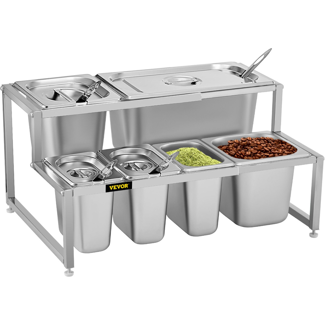 Expandable Spice Rack, 13.8"-23.6" Adjustable, 2-Tier Stainless Steel Organizer Shelf with 3 1/9 Pans 2 1/6 Pans 1 1/3 Pan 6 Ladles, Countertop Inclined Holder for Sauce Ingredients Fruits