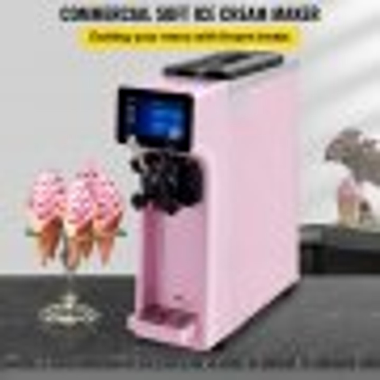 Commercial Ice Cream Maker, 10-20L/H Yield, 1000W Countertop Soft Serve Machine with 4.5L Hopper 1.6L Cylinder, Frozen Yogurt Maker with Touch Screen Puffing Pre-Cooling Shortage Alarm, Pink