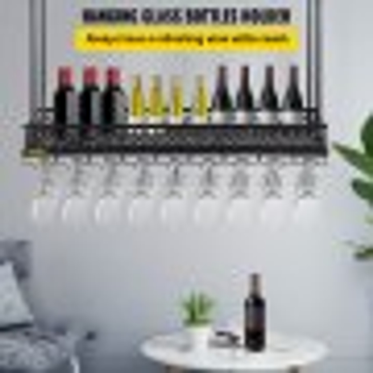 Ceiling Wine Glass Rack, 35.8 x 13 inch Hanging Wine Glass Rack, 18.9-35.8 inch Height Adjustable Hanging Wine Rack Cabinet, Black Wall-Mounted Wine Glass Rack Perfect for Bar Cafe Kitchen