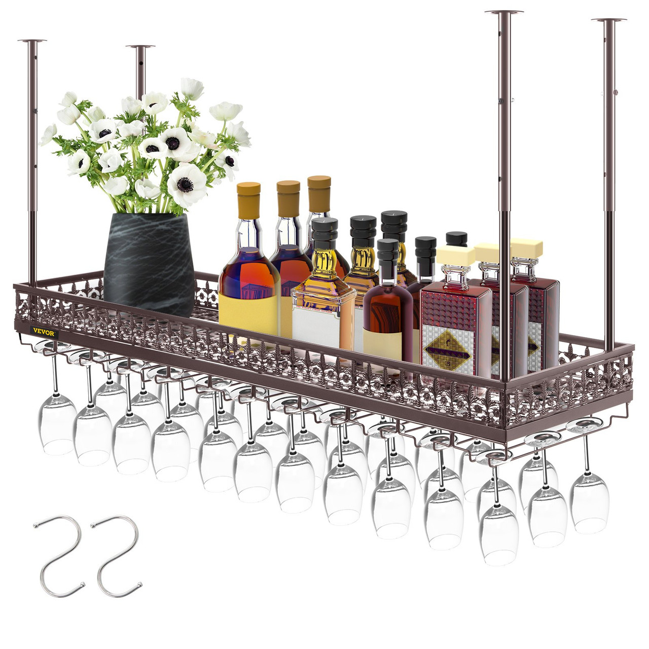 Ceiling Wine Glass Rack, 46.9 x 13 inch Hanging Wine Glass Rack, 18.9-35.8 inch Height Adjustable Hanging Wine Rack Cabinet, Coppery Wall-Mounted Wine Glass Rack Perfect for Bar Cafe Kitchen