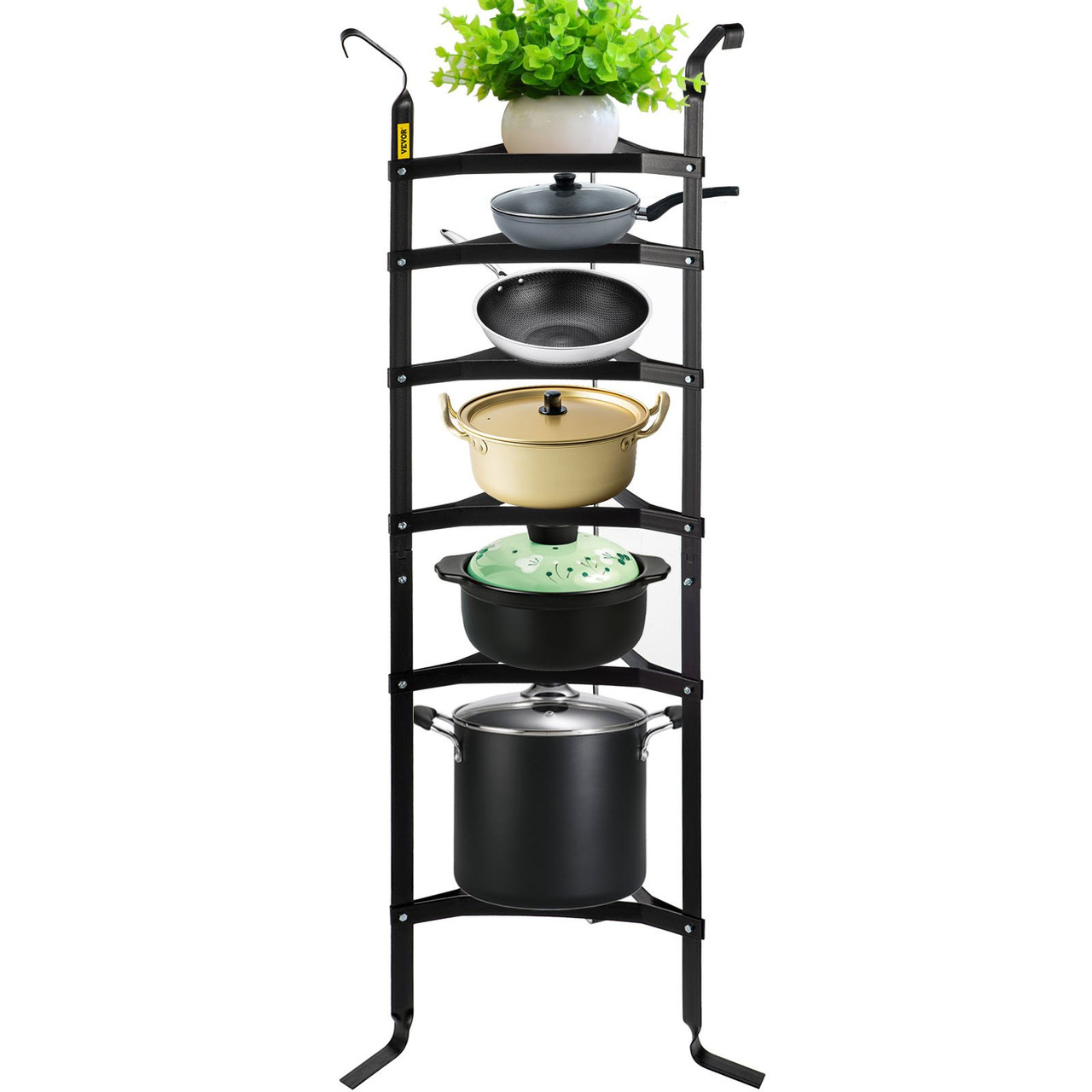 6-Tier Cookware Stand, Carbon Steel Multi-Layer Pot Rack, 61.2-inch Cookware Shelf, Matte Black Cookware Storage Tower, Unassembled Kitchen Corner Shelf Rack for Pans, Pots, and Kettles Storage