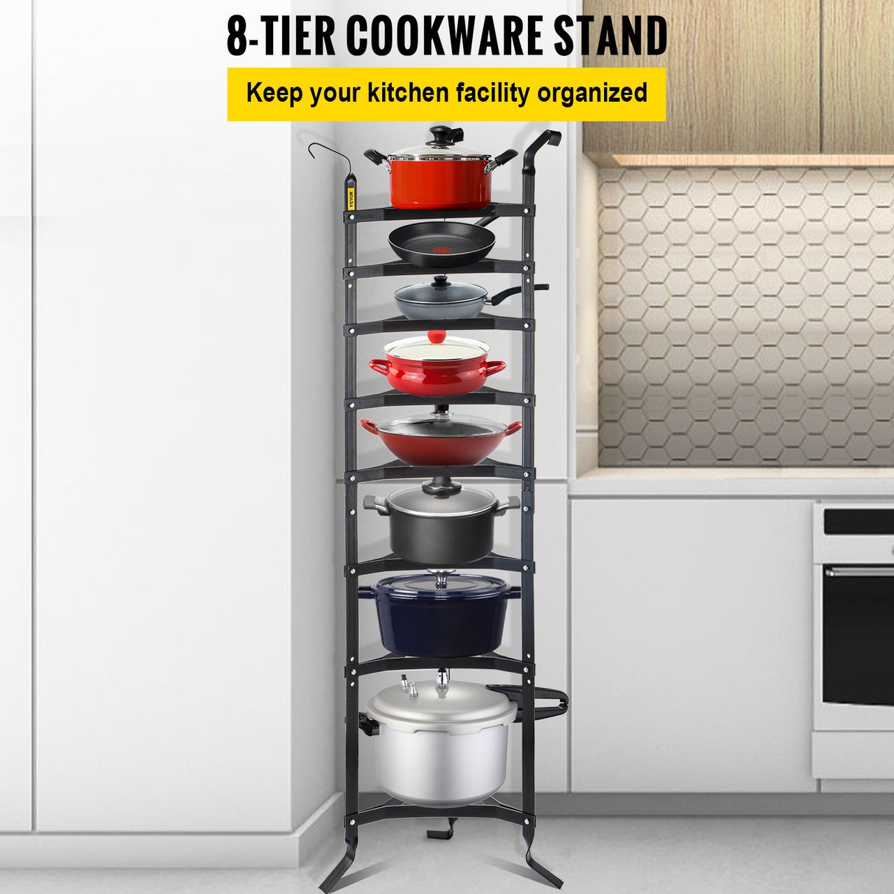 8-Tier Cookware Stand, 68-inch Multi-Layer Pot Rack, Carbon Steel Cookware Shelf, Cookware Storage Tower, Unassembled Kitchen Corner Shelf Rack for