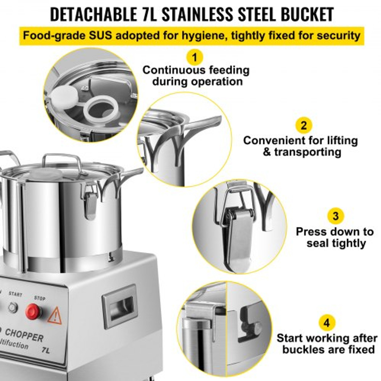 110V Commercial Food Processor 7L Capacity 750W Electric Food Cutter Mixer  1400RPM Stainless Steel Processor Perfect