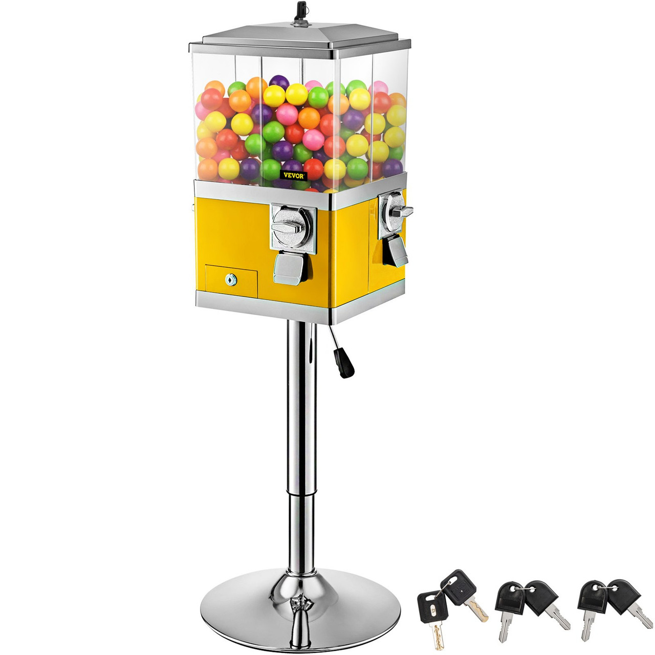 Gumball Machine with Stand, Yellow Quarter Candy Dispenser, Rotatable Four Compartments Square Candy Vending Machine, PC & Iron Large Gumball Bank Adjustable Dispenser Wheels for 1" Gumballs