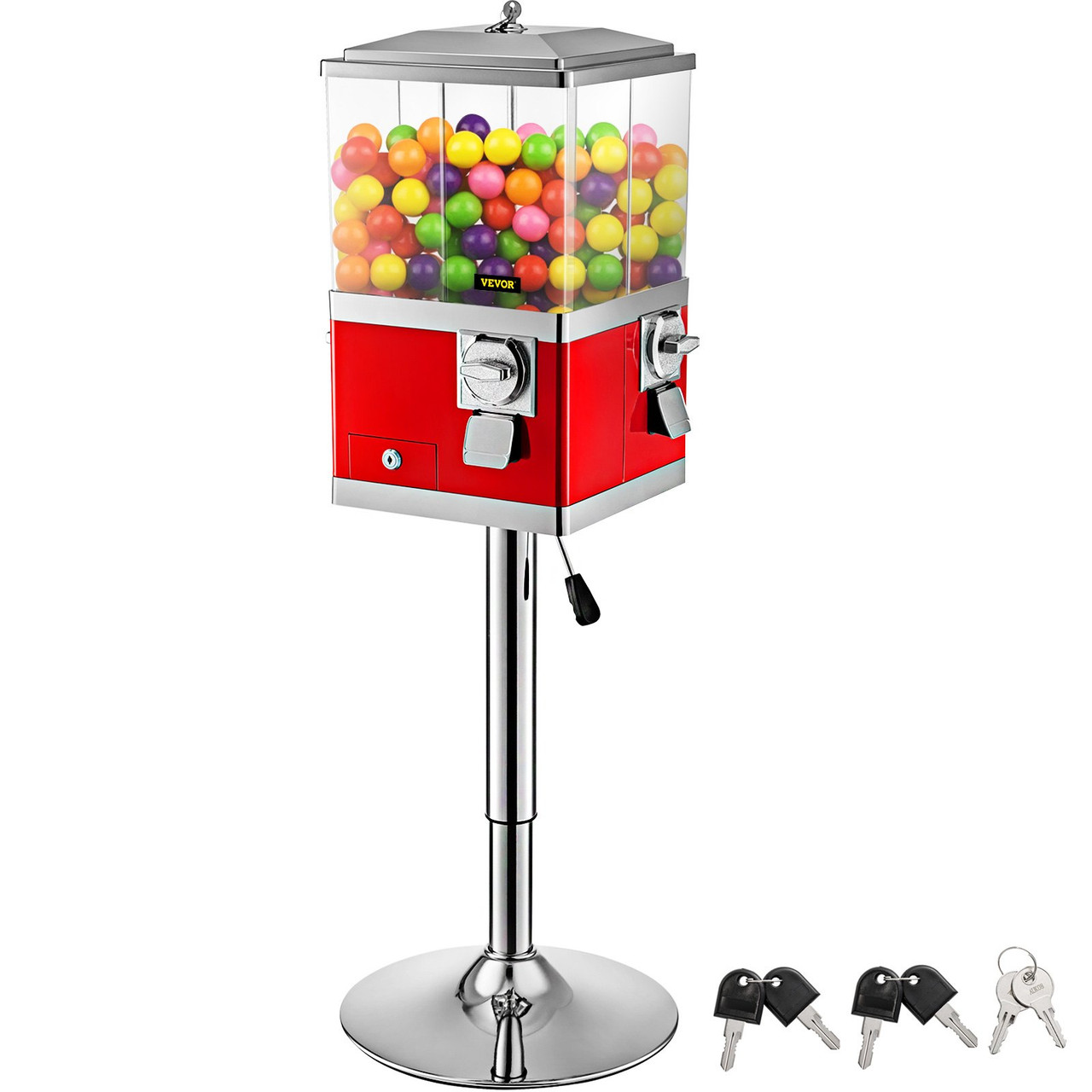 Vending Machine with Stand,Rotatable Four Compartments Square Candy Vending Machine, PC & Iron Large Gumball Bank Adjustable Dispenser Wheels for 1" Gumballs (Red)