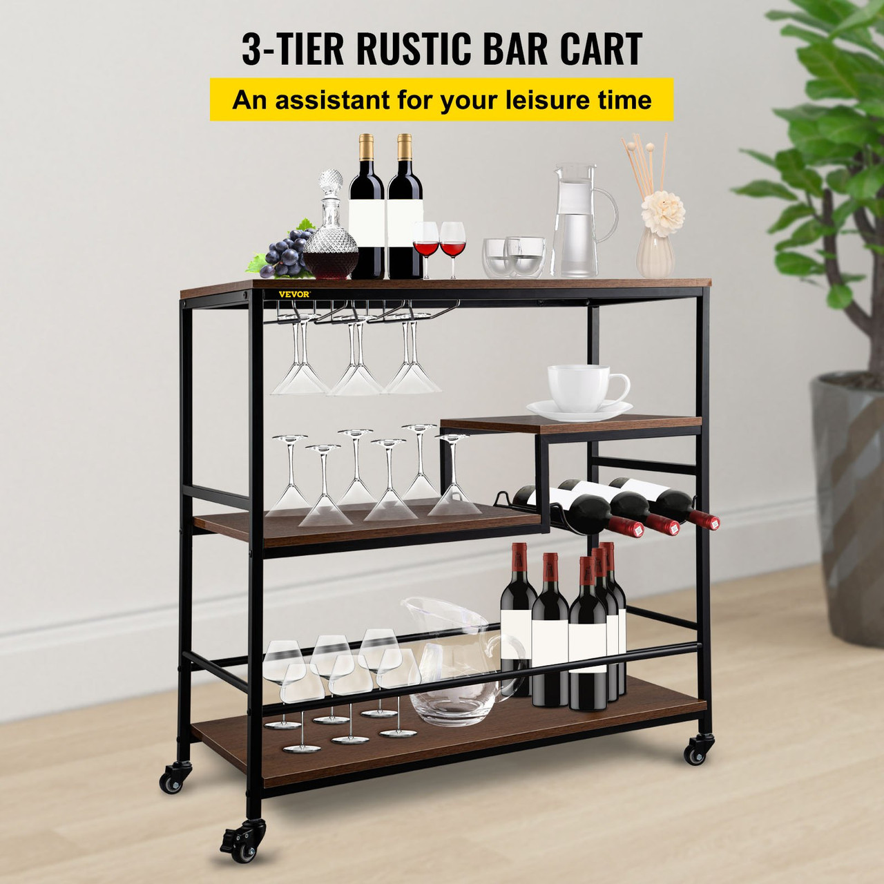 Bar Serving Cart, 4-Tier Industrial Bar Cart for Home, Bar Cart with Wine Rack & Glass Holders, 35.4 x 15.7 x 37.4 inches Home Bar & Serving Carts,