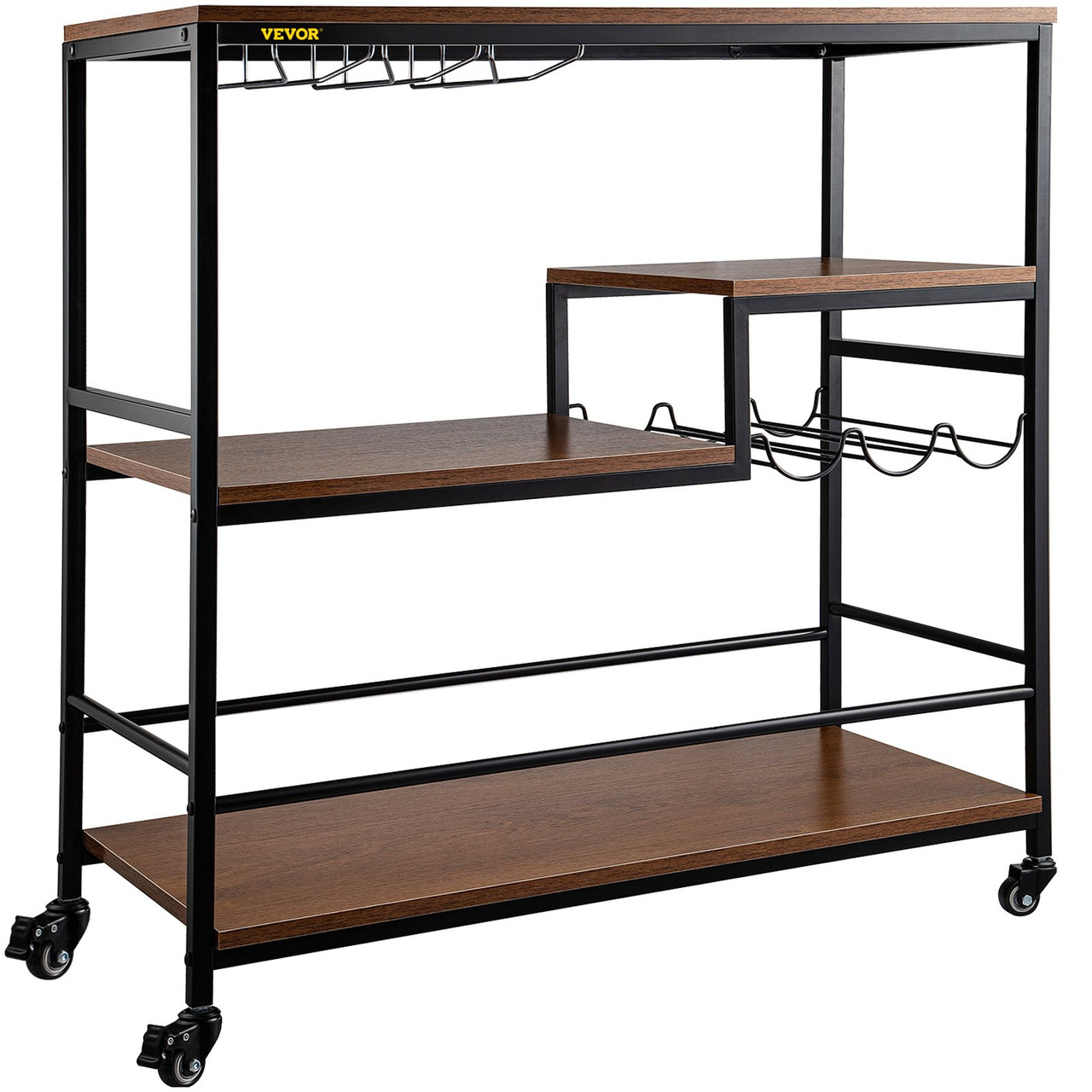 AA Products Inc. Industrial Bar Cart for Home, 3-Tier Bar Serving Cart with Wheels, Lockable Casters, Beverage Cart with Wine Rack and Glass Holder