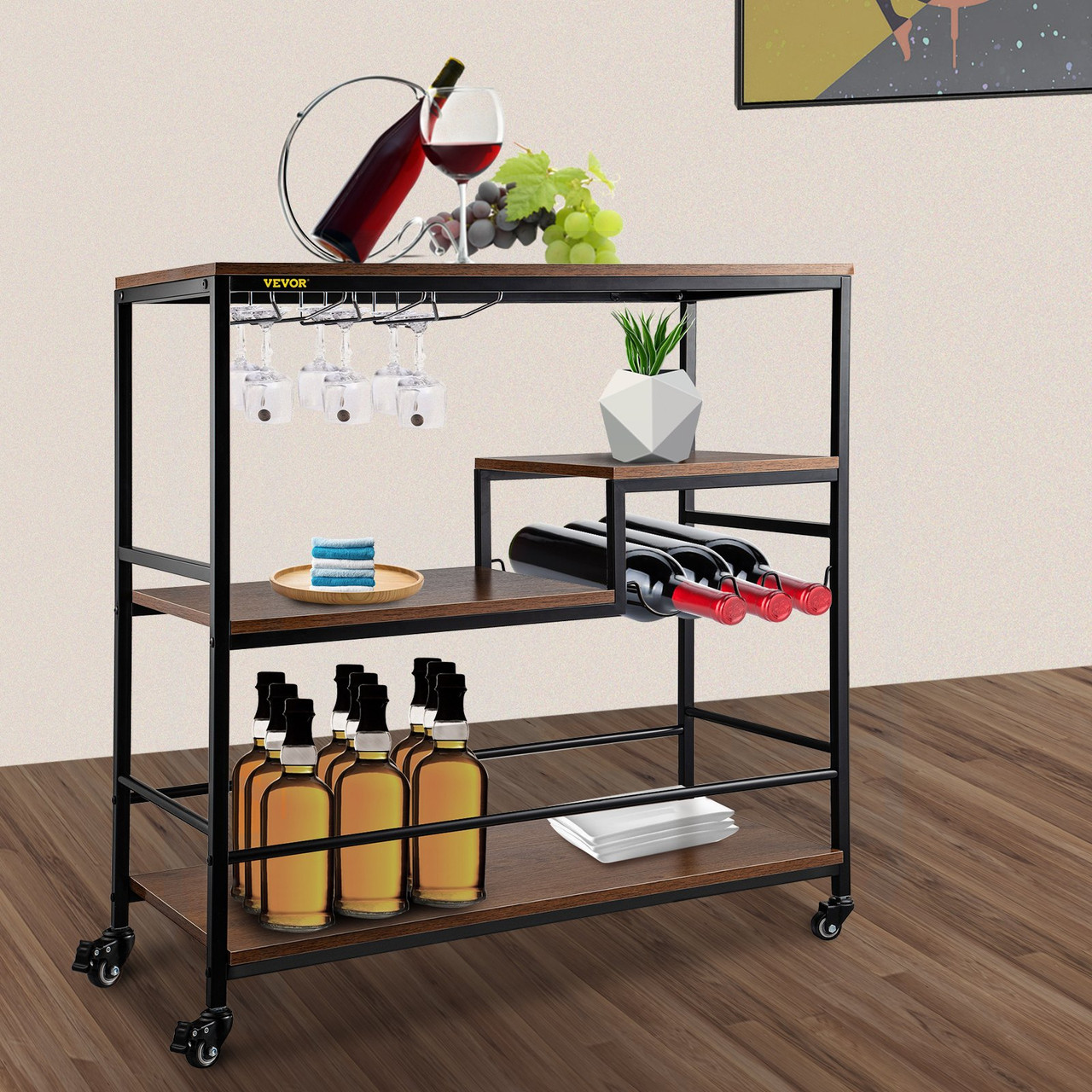 Bar Serving Cart, 4-Tier Industrial Bar Cart for Home, Bar Cart with Wine Rack & Glass Holders, 35.4 x 15.7 x 37.4 inches Home Bar & Serving Carts,