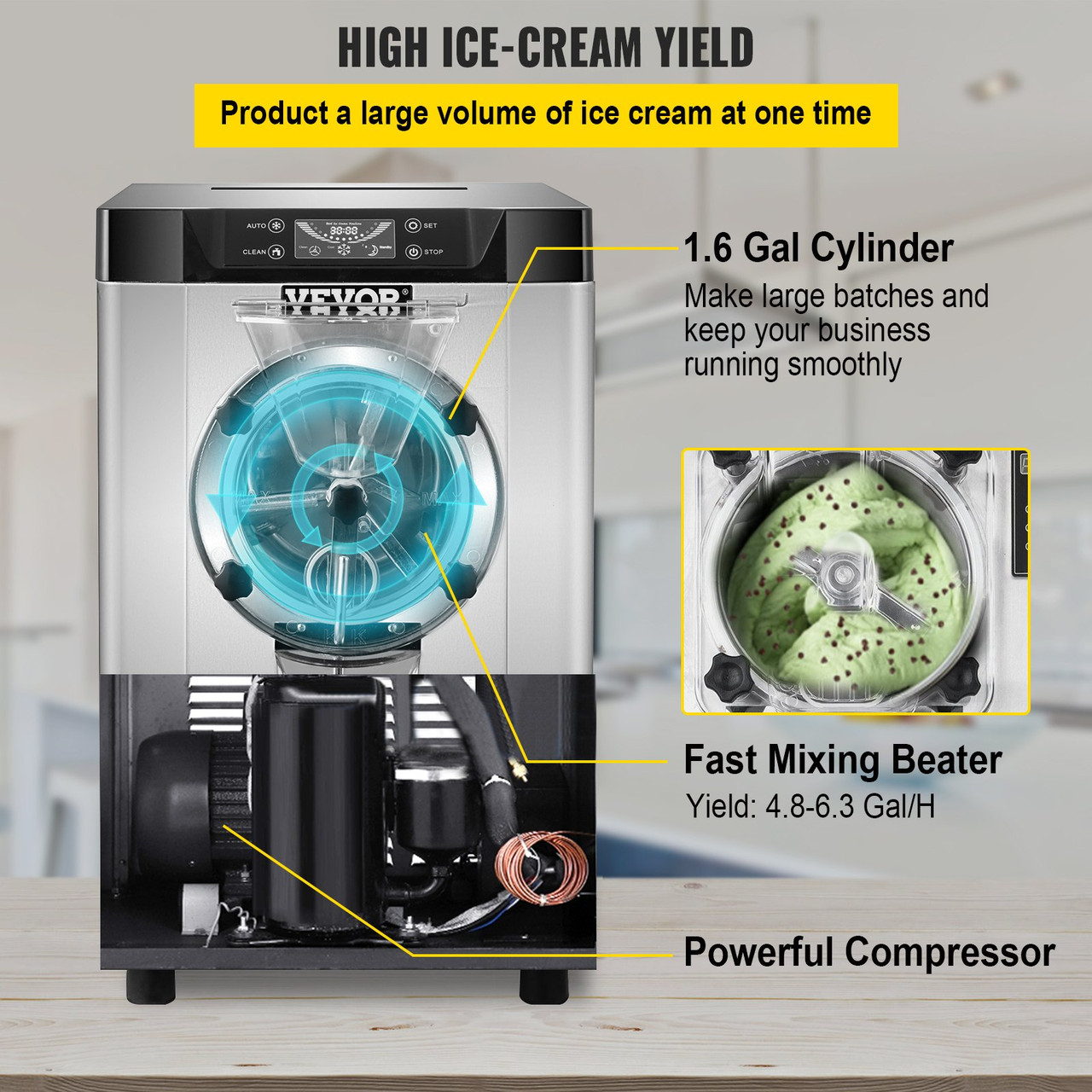 Commercial Hard Ice Cream Machine Hard Serve Ice Cream Maker w/ 4.8-6.3 Gal/H Production Hard Ice Cream Machine w/ 1.6 Gal Cylinder Countertop Hard Yogurt Maker w/ 2000W Compressor & LCD Screen