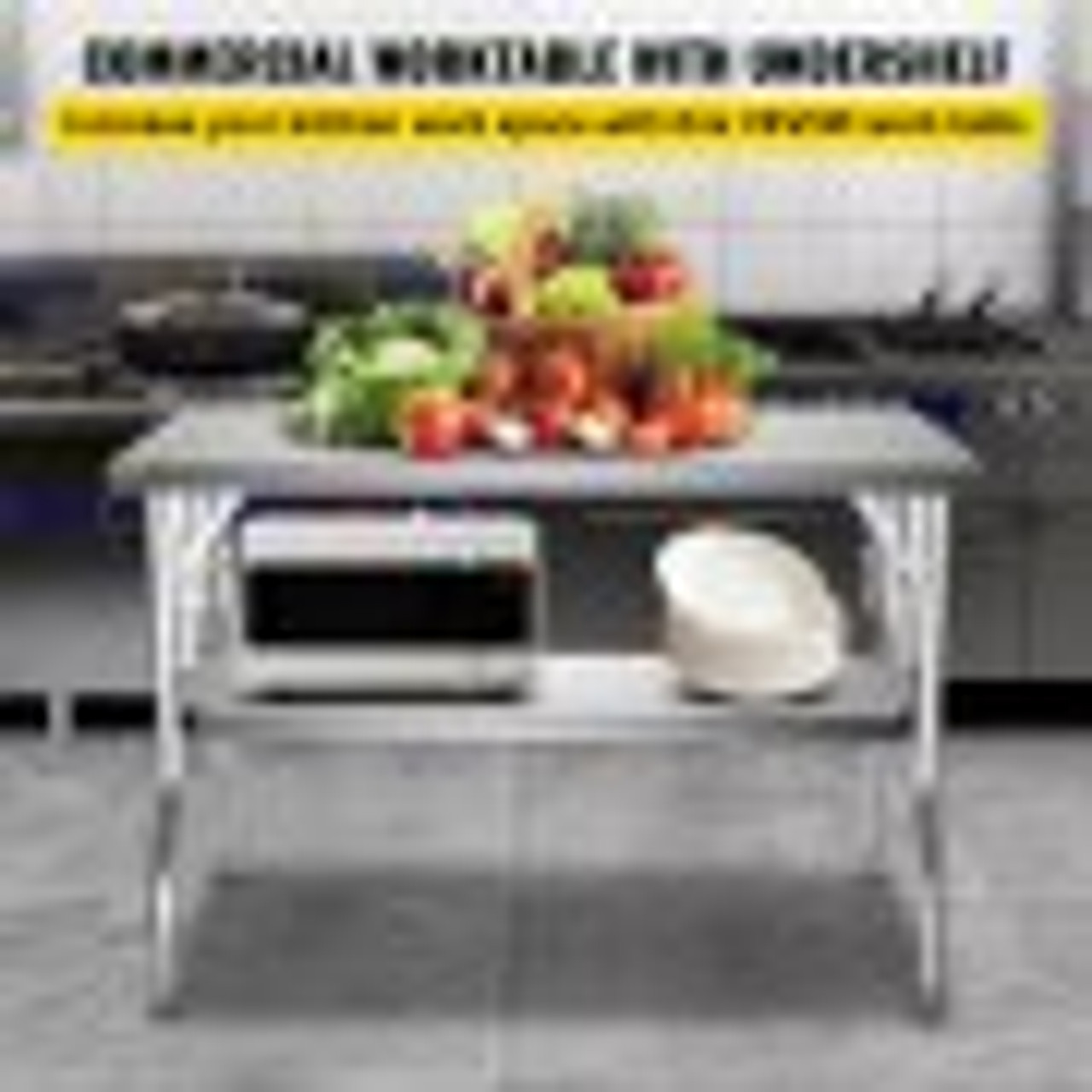 Commercial Worktable Workstation 48x30 Inch Folding Commercial Prep Table, Double-Shelf Stainless Steel Folding Table, Kitchen Work Table with 772 lbs Load Silver Stainless Steel Kitchen Island