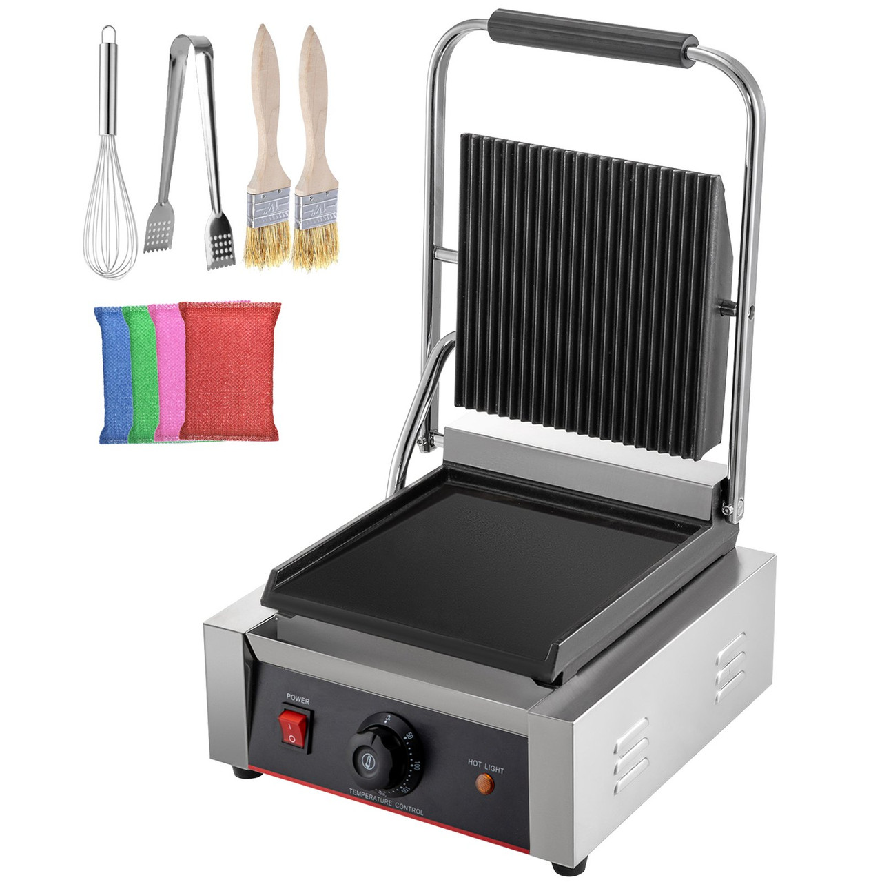 Commercial Sandwich Panini Press Grill,110V 1800W Up Grooved and Down Flat Plates Electric Sandwich Maker, Temperature Control 122øF-572øF for Hamburgers Steaks Bacons