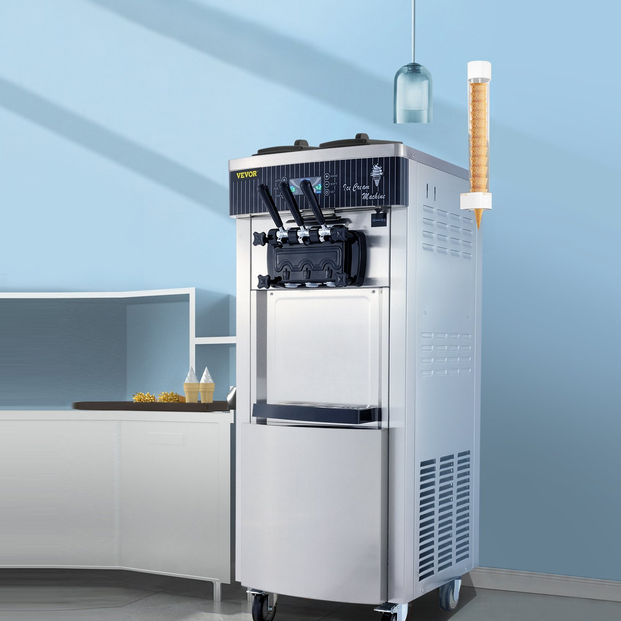 Commercial Soft Ice Cream Machine, 2200W Serve Yogurt Maker, 3 Flavors Ice Cream Maker, 5.3 to 7.4 Gallons per Hour Auto Clean LCD Panel for Restaurants Snack Bars, Stainless Steel