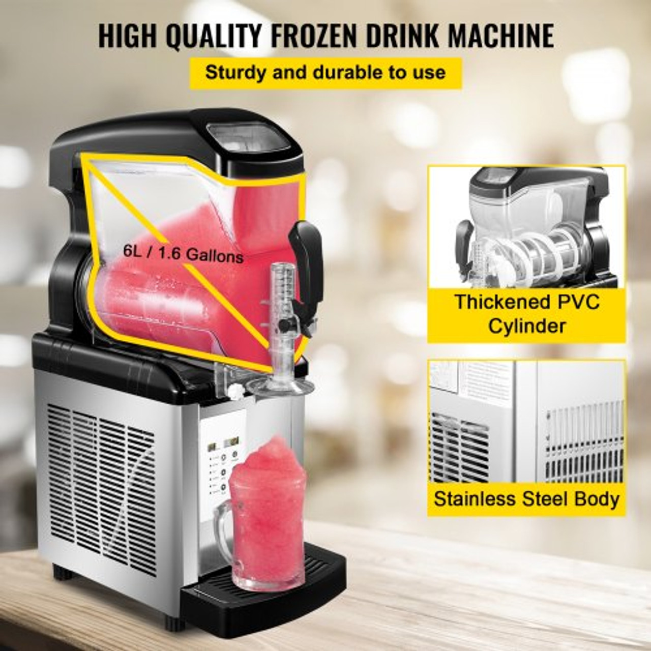 VEVOR Commercial Slushy Machine, 6L/1.6 Gallons 25 Cups Single-Bowl, 300W 110V, Stainless Steel Margarita Smoothie Frozen Drink Maker, Slushie