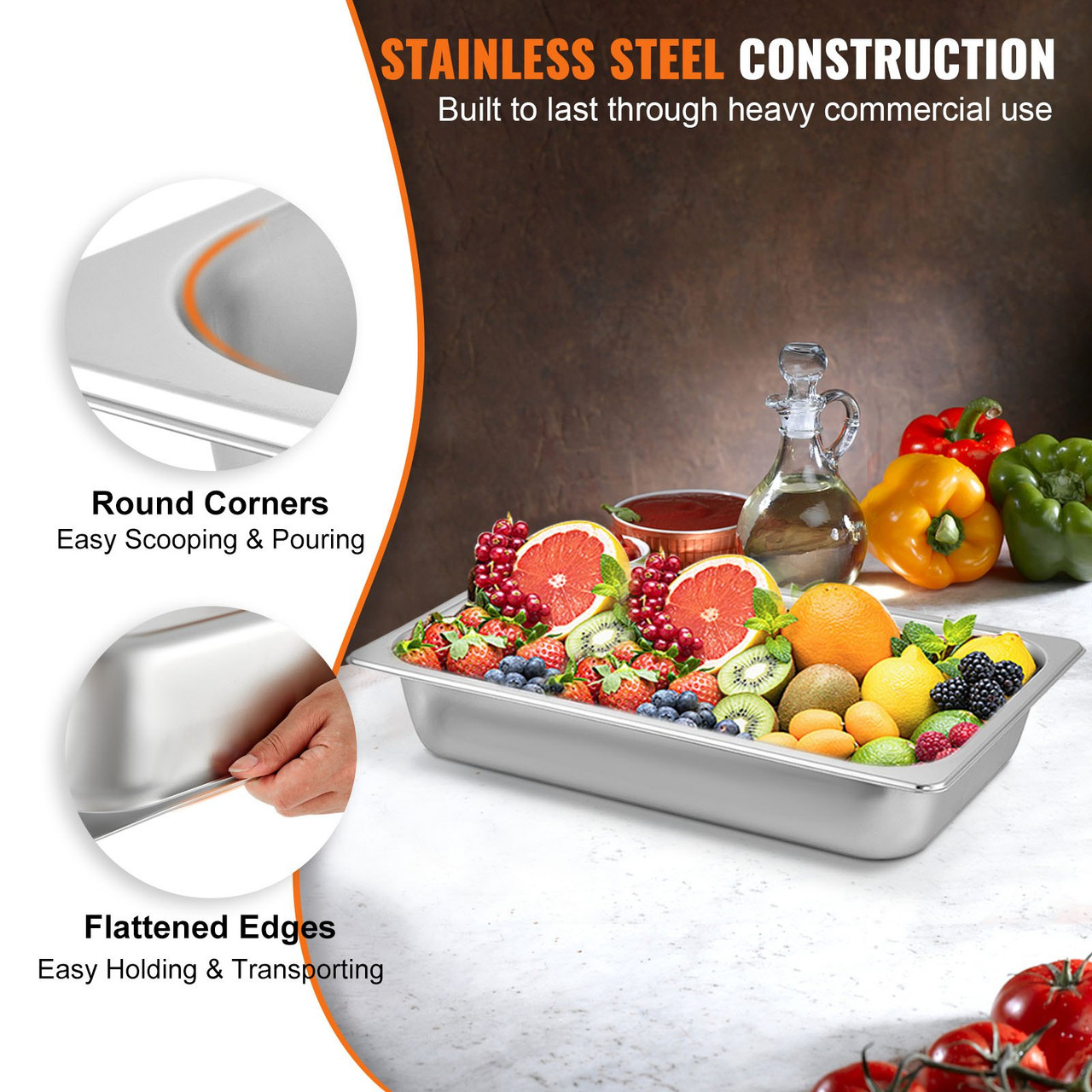 Hotel Pans Full Size 4-Inch Deep, Steam Table Pan 6 Pack , 22 Gauge/0.8mm Thick Stainless Steel Full Size Hotel Pan Anti Jam Steam Table Pan