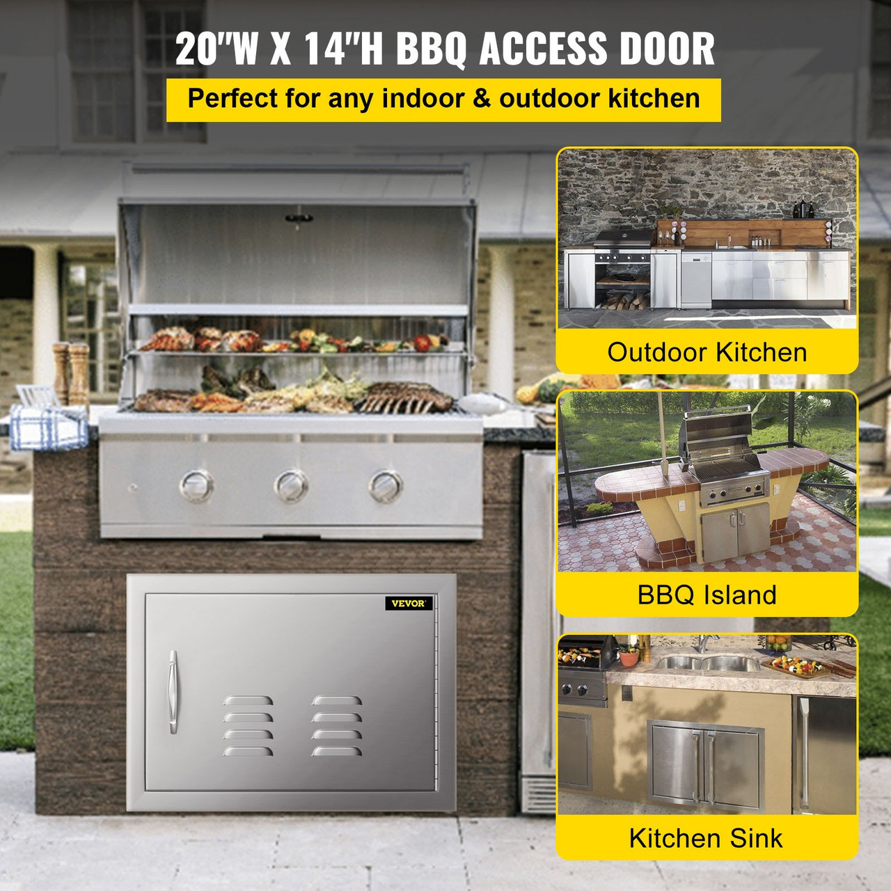 20W x 14H Inch BBQ Access Single Door with Vents Horizontal BBQ Island Door Stainless Steel Outdoor Kitchen Doors for Commercial BBQ Grid