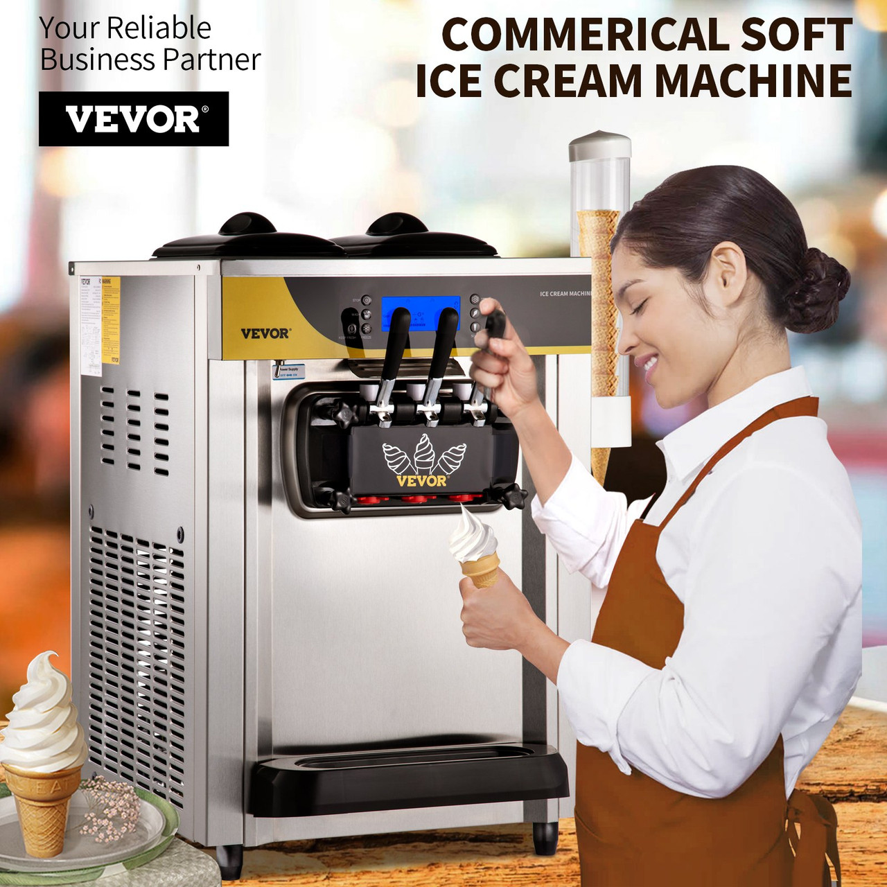 Commercial Ice Cream Maker, 22-30L/H Yield, 2200W Countertop Soft Serve Machine w/ 2x6L Hopper 2L Cylinder LCD Panel Puffing Shortage Alarm, Frozen Yogurt Maker for Restaurant Snack Bar, Silver