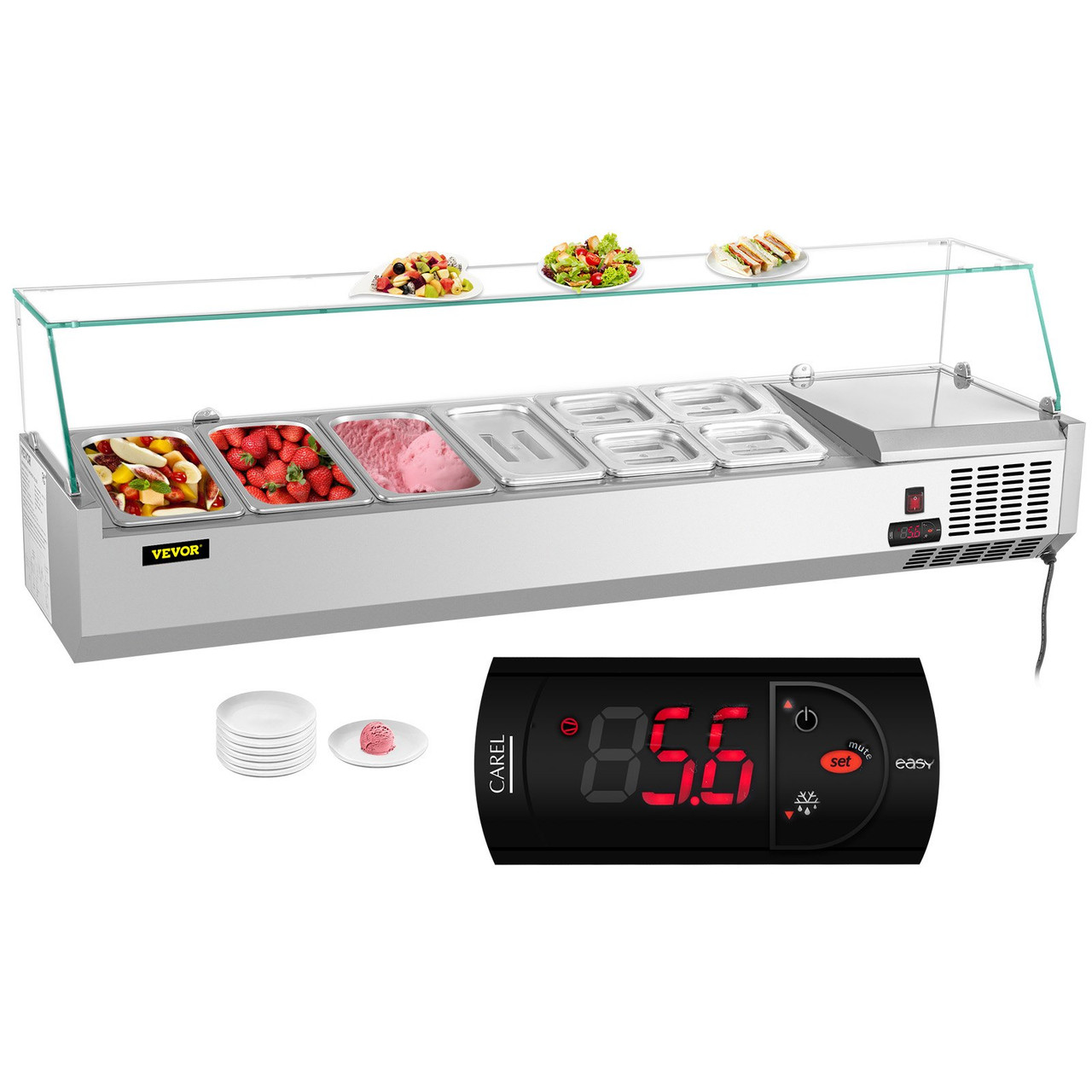 Refrigerated Condiment Prep Station, 60-Inch, 16.8Qt Sandwich Prep Table w/ 4 1/3 Pans & 4 1/6 Pans, 146W Salad Bar w/ 304 Stainless Body Tempered Glass Shield Digital Temp Display Auto Defrost