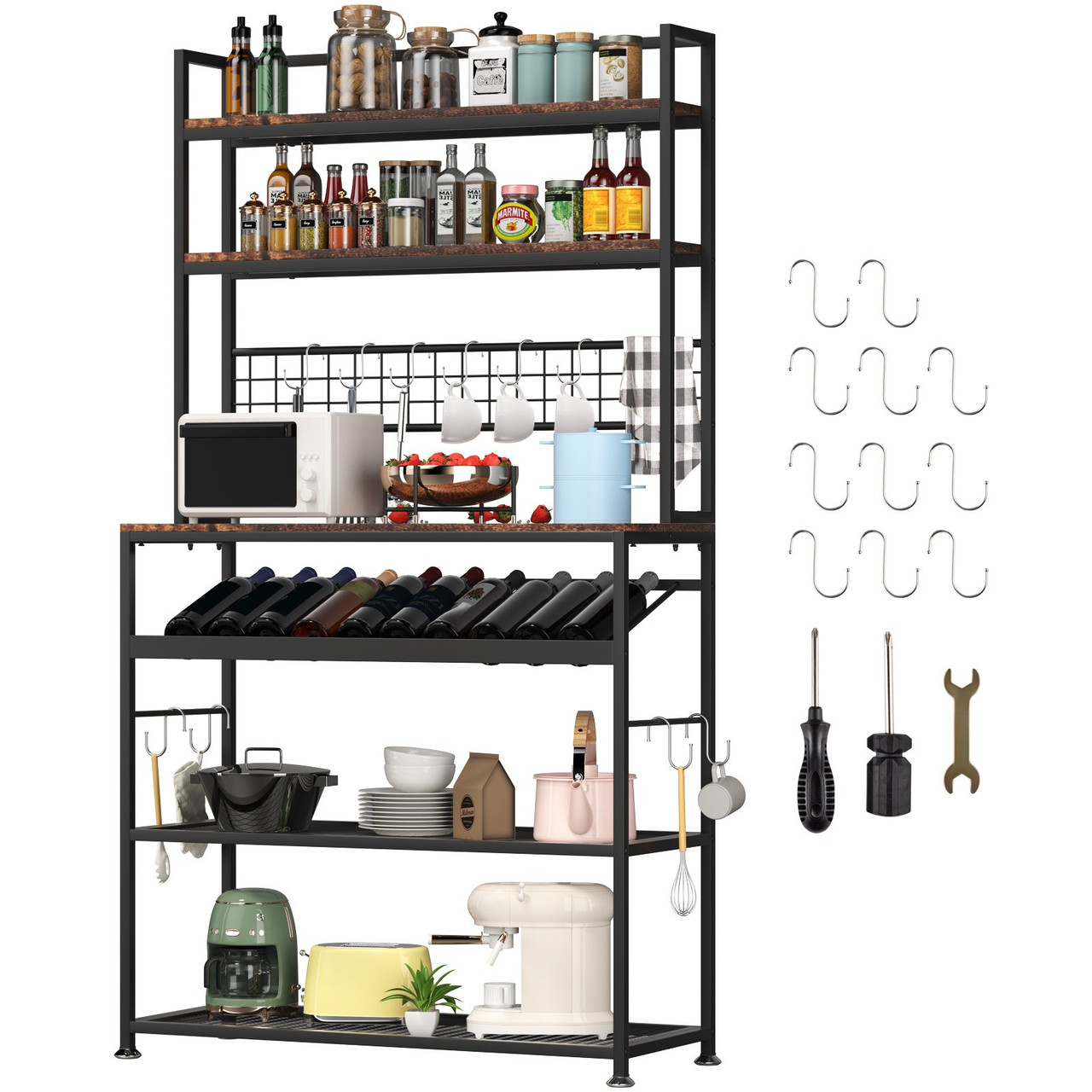 Kitchen Wine Baker's Rack, Microwave Oven Stand, 6-Tier Kitchen Rack with 11 Side Hooks, Bakers Racks for Kitchens with Storage, Wine Rack, Utility Storage Shelf for Kitchen, Coffer Bar Stand