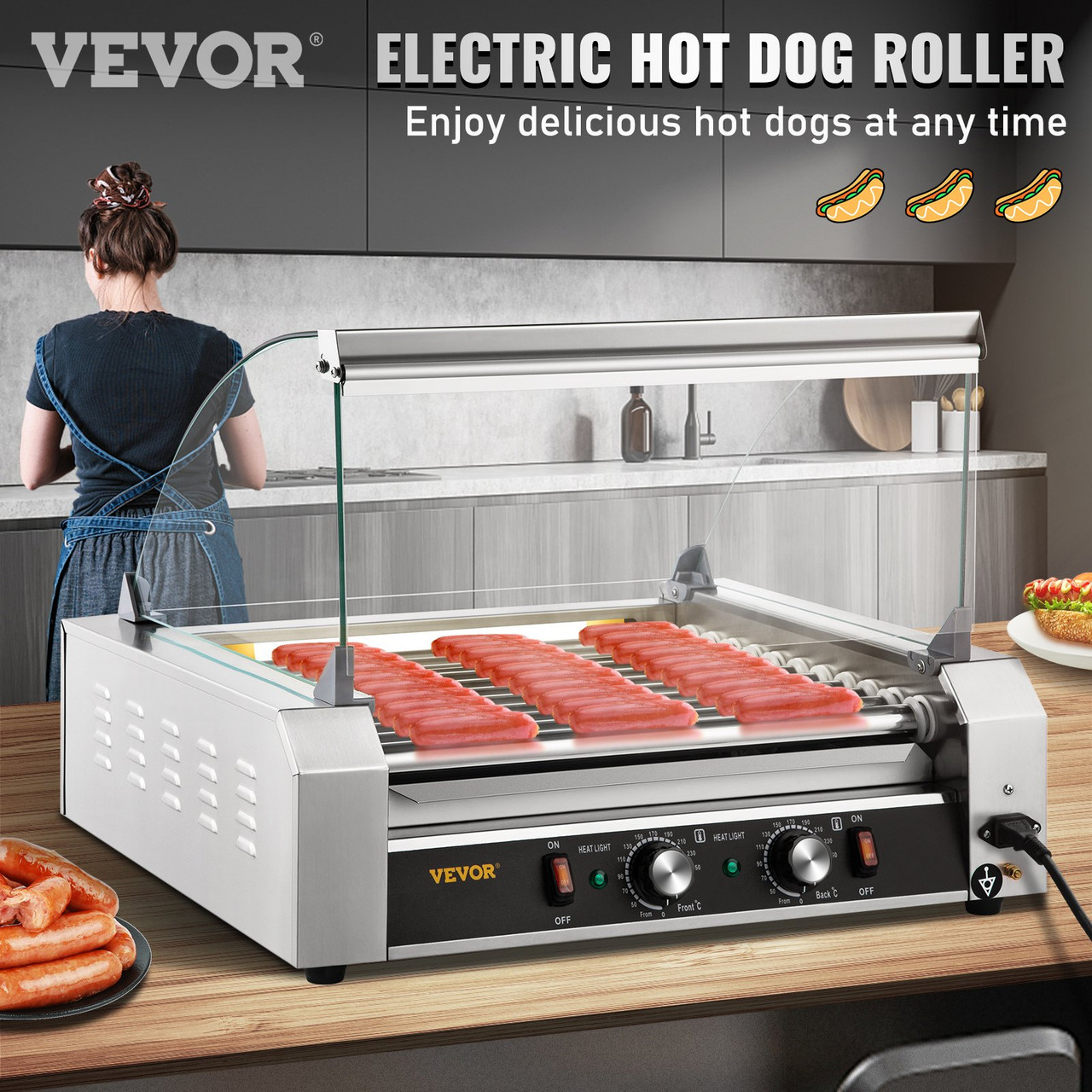 Hot Dog Roller, 30 Hot Dog Capacity 11 Rollers, 1800W Stainless Steel Cook Warmer Machine w/ Cover & Dual Temp Control, LED Light & Detachable Drip Tray, Sausage Grill Cooker for Kitchen CanteenHot Dog Roller, 30 Hot Dog Capacity 11 Rollers, 1800W Stainless Steel Cook Warmer Machine w/ Cover & Dual Temp Control, LED Light & Detachable Drip Tray, Sausage Grill Cooker for Kitchen Canteen