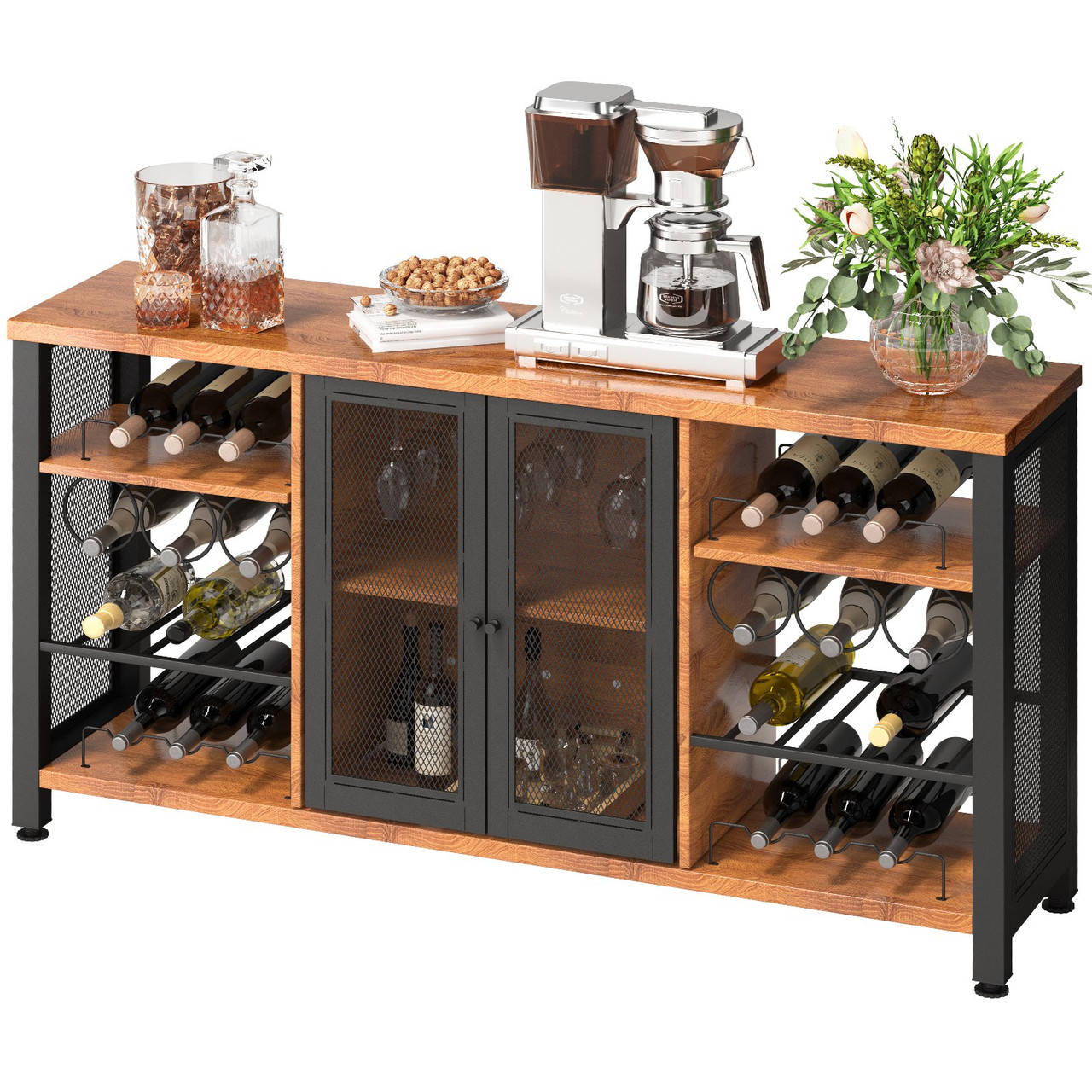 Industrial Bar Cabinet, Wine Table for Liquor with Glass Holder, Wine Rack and Metal Sideboard, Farmhouse Wood Coffee Bar for Living Room, Dining Room (55 Inch, Rustic Oak)