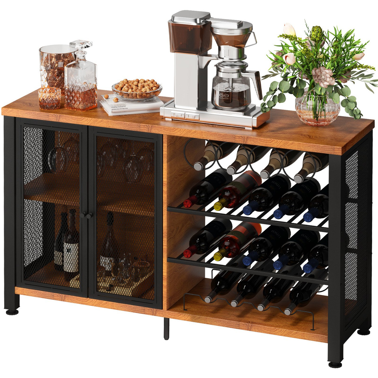 Wine Bar Cabinet with Removable Wine Rack, Wine Table for Liquor with Glass Holder, Wine Rack and Metal Sideboard, Farmhouse Wood Coffee Bar for Living Room, (47 Inch, Rustic Oak)