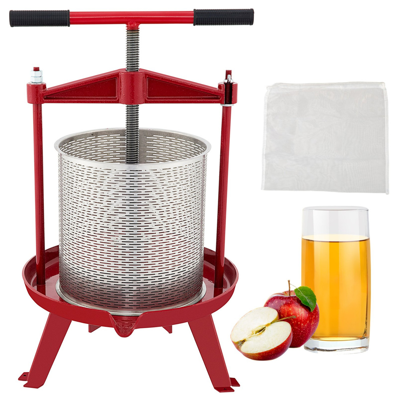 Fruit Wine Press, 1.3Gal/5L, Cast Iron Manual Grape Presser for Wine Making, Cider Tincture Vegetables Honey Olive Oil Press with Stainless Steel Hollow Basket T-Handle 0.1" Thick Plate 3 Feet