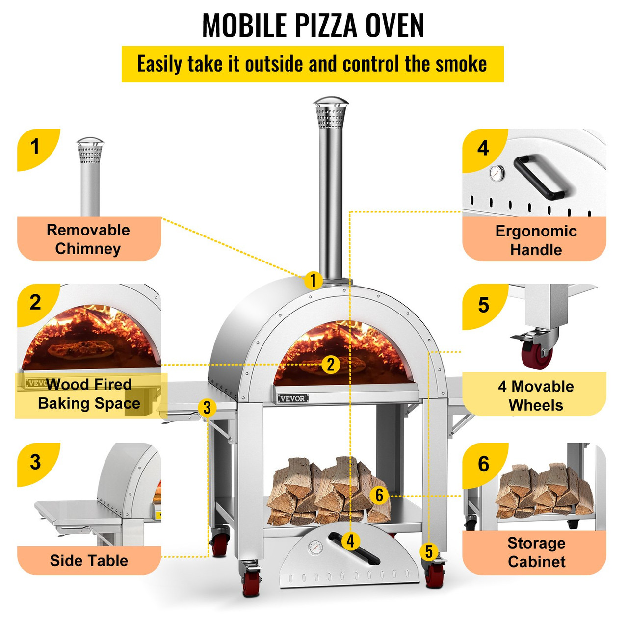 VEVOR Wood Fired Outdoor Pizza Oven, 44 Size, 3-Layer Stainless Steel Pizza  Maker with Wheels for Outside Kitchen, Includes Pizza Stone, Pizza Peel,  and Brush, Professional Series 
