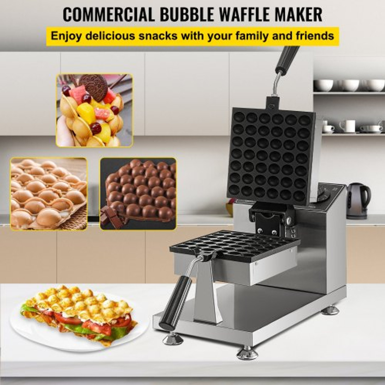 Commercial Bubble Waffle Maker, 8" Square Mould, 1200W Egg Bubble Puff Iron w/ 360øRotatable 2 Pans & Bent Handles, Stainless Steel Baker w/ Non-Stick Teflon Coating, 50-300?/122-572? Adjustable