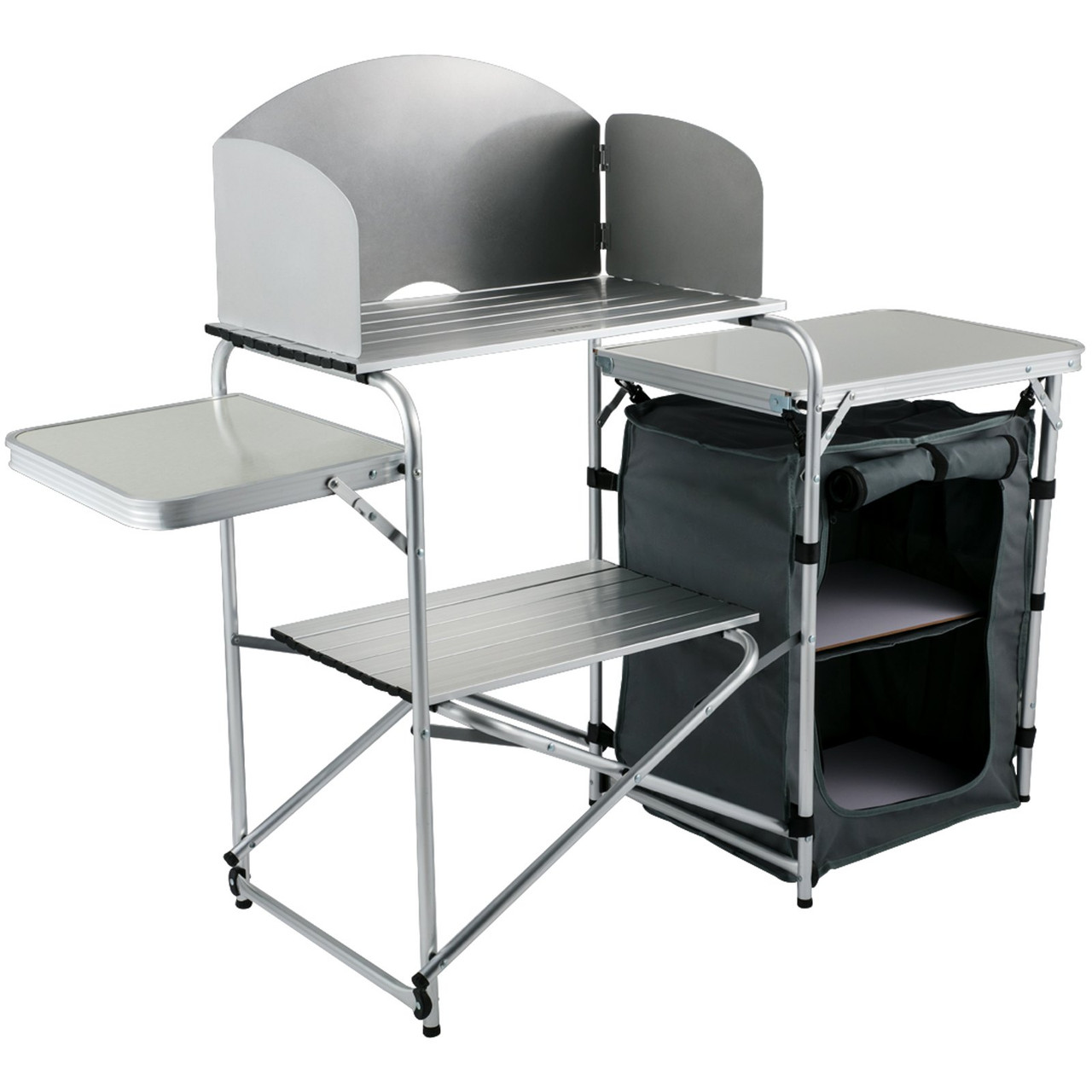 Aluminum Portable Folding Camp Station with Windshield, Storage Organizer & 4 Adjustable Feet Quick Installation for Outdoor Picnic Beach Party