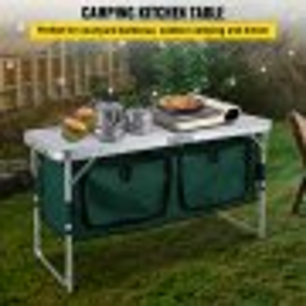 Aluminum Portable Folding Camp Station with Storage Organizer & 4 Adjustable Feet Quick Installation for Outdoor Picnic Beach Party Cooking, Green