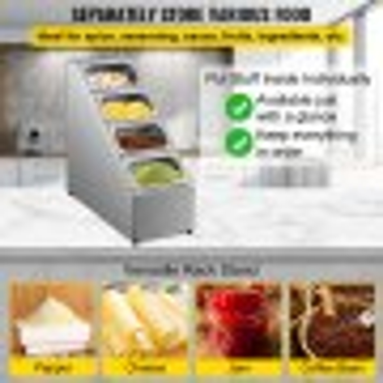 Spice Rack Shelf, Four Rows, Stainless Steel Organizer Stand with Four 1/9 Pans and Four Ladles, Countertop Inclined Holder for Seasoning Sauce Jam Fruits Ingredients, for Kitchen Pantry Use