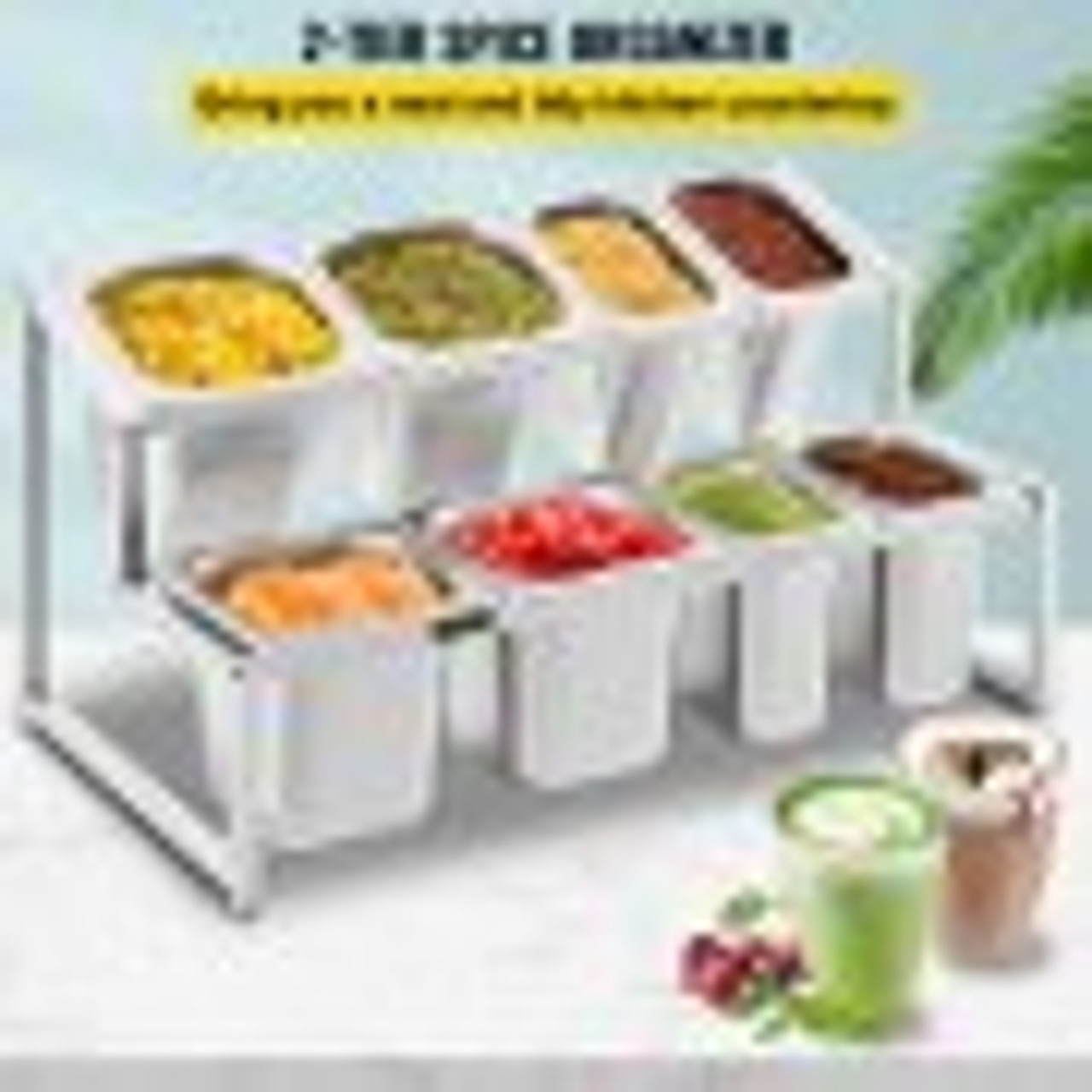 Expandable Spice Rack, 13.8"-23.6" Adjustable, 2-Tier Stainless Steel Organizer Shelf with 4 1/9 Pans 4 1/6 Pan 8 Ladles, Countertop Inclined Holder for Sauce Ingredients Fruits, for Kitchen Use