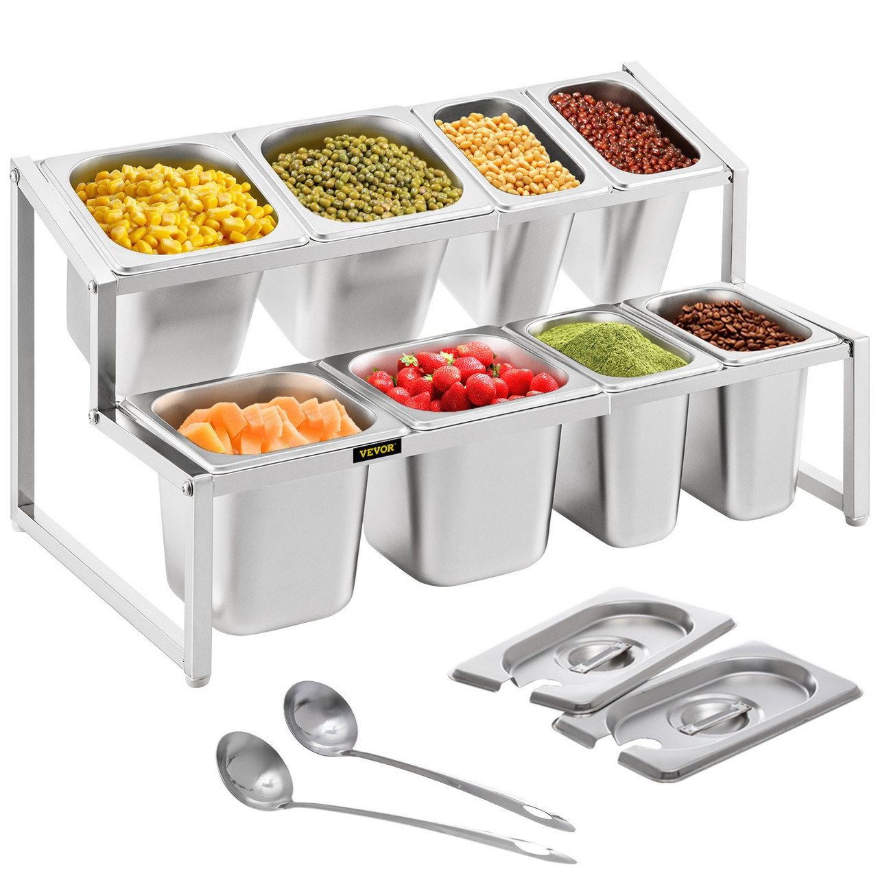 Expandable Spice Rack, 13.8"-23.6" Adjustable, 2-Tier Stainless Steel Organizer Shelf with 4 1/9 Pans 4 1/6 Pan 8 Ladles, Countertop Inclined Holder for Sauce Ingredients Fruits, for Kitchen Use