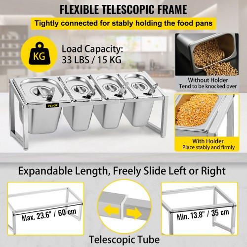 Expandable Spice Rack, 13.8"-23.6" Adjustable, Stainless Steel Organizer Shelf with 3 1/9 Pans 1 1/6 Pan 4 Ladles, Countertop Inclined Holder for Sauce Ingredients Fruits, for Kitchen Pantry Use