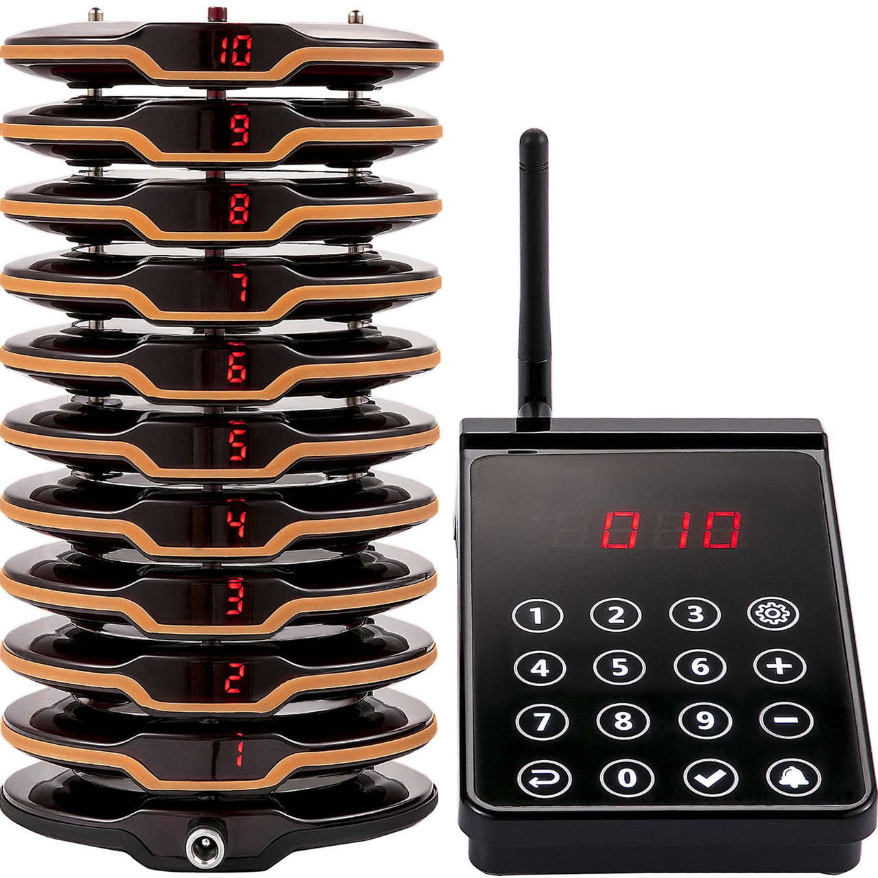 Restaurant Pager System 10 Coasters Max 98 Nursery Pager Wireless Paging Queuing Calling System 350-500m with Vibration, Flashing and Buzzer for Social Distance Food Truck Hotels Cafes
