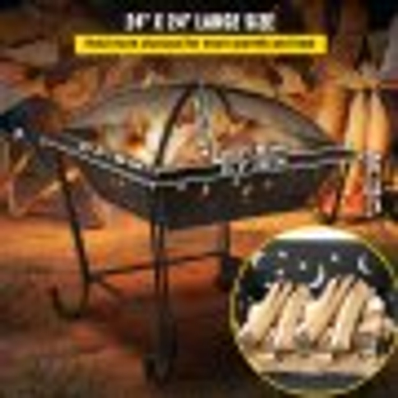 BBQ Grill Fire Bowl, 24"x24" Wood Burning Pit, Solid Steel Wood Fire Pits, Wood Fire Pits Outdoor w/ Spark Screen Cover, Fire Pits for Outside w/ Stainless Steel Baking Net for Baking & Warming