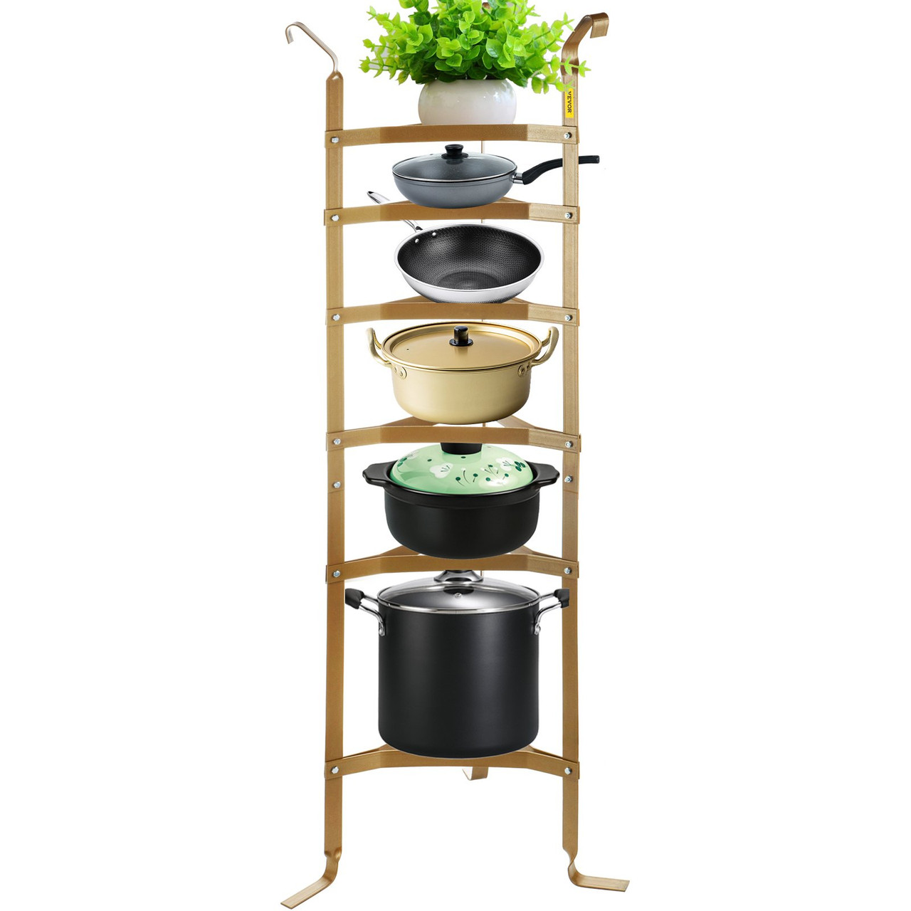 6-Tier Cookware Stand, Carbon Steel Multi-Layer Pot Rack, 61-inch Cookware Shelf, Copper Cookware Storage Tower, Unassembled Kitchen Corner Shelf Rack for Pans, Pots, Baskets and Kettles Storage