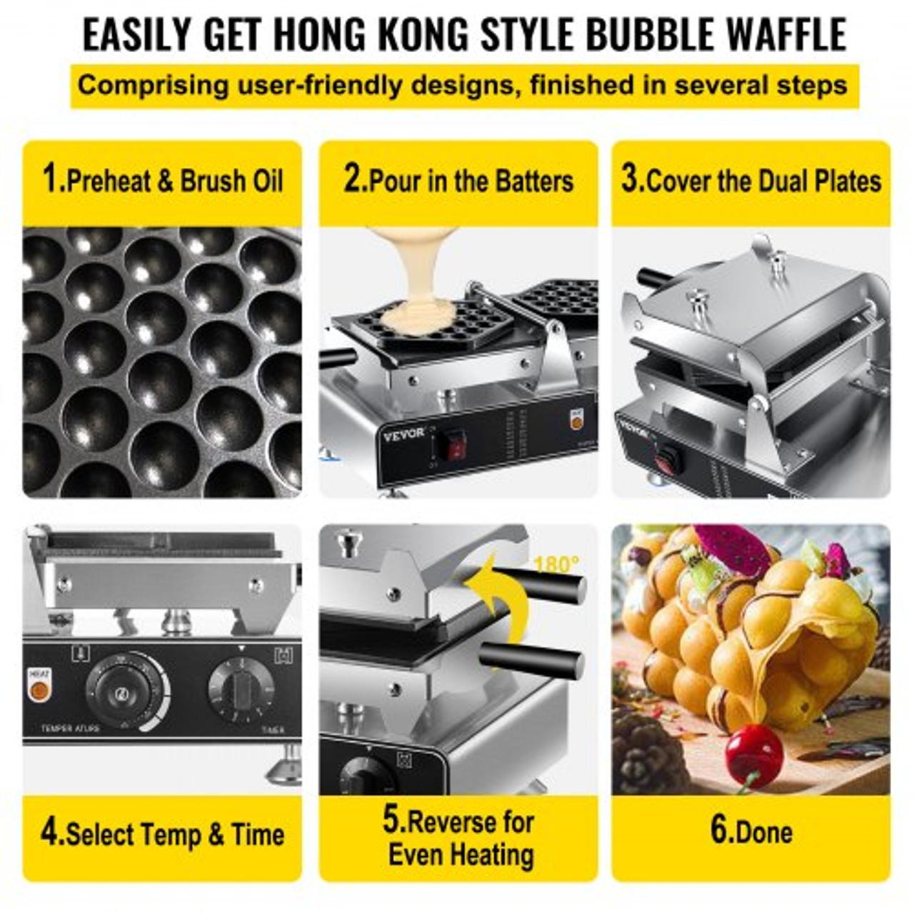 Bubble Waffle Maker, 110V Electric Egg Waffle Maker, 1500W Hong Kong Egg  Puff Machine w/2