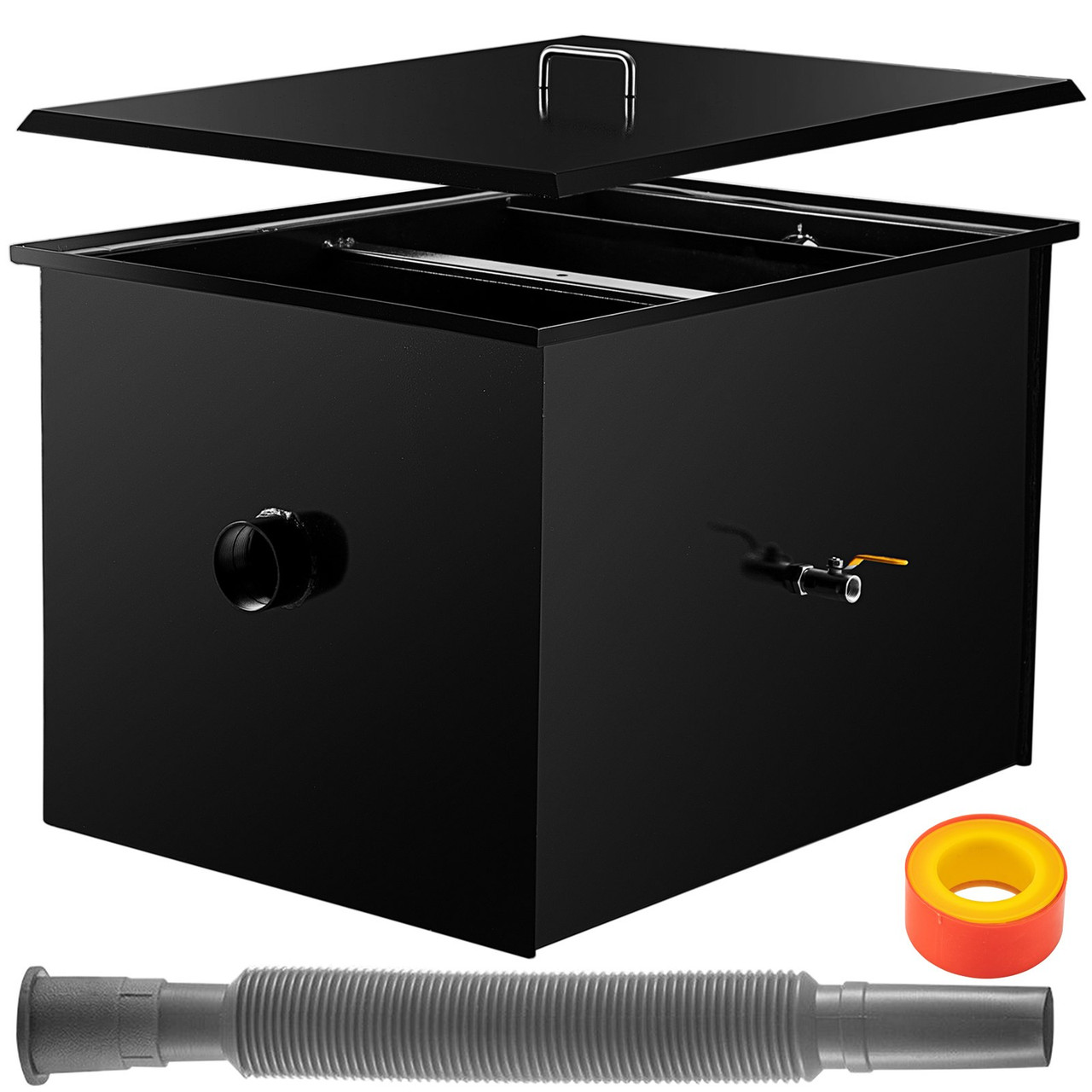Commercial Grease Interceptor, 100 LBS Capacity, Under Sink Grease Trap with 50 GPM Flow Rate, Coated Carbon Steel Grease Interceptor with Side Water Inlet, for Restaurant Factory Kitchen, Black