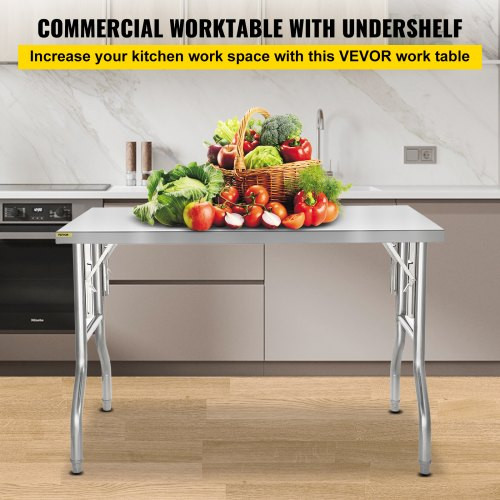 48 x 30 Inch Folding Commercial Prep Table Commercial Worktable Workstation, Heavy-Duty Stainless Steel Folding Table with 220 lbs Load, Silver Stainless Steel Kitchen Island?Kitchen Work Table