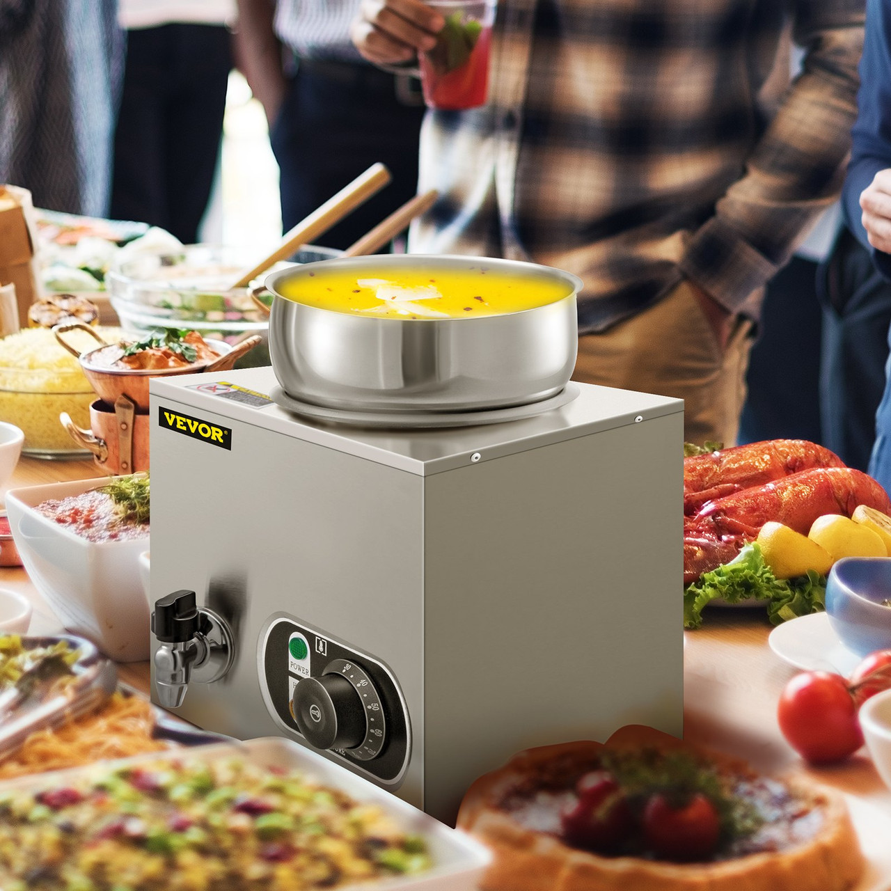 110V Commercial Soup Warmer 7.4 Qt Capacity, 300W Electric Food Warmer Adjustable Temp.86-185?, Stainless Steel Countertop Soup Pot with Tap, Bain Marie Food Warmer for Cheese/Hot Dog/Rice