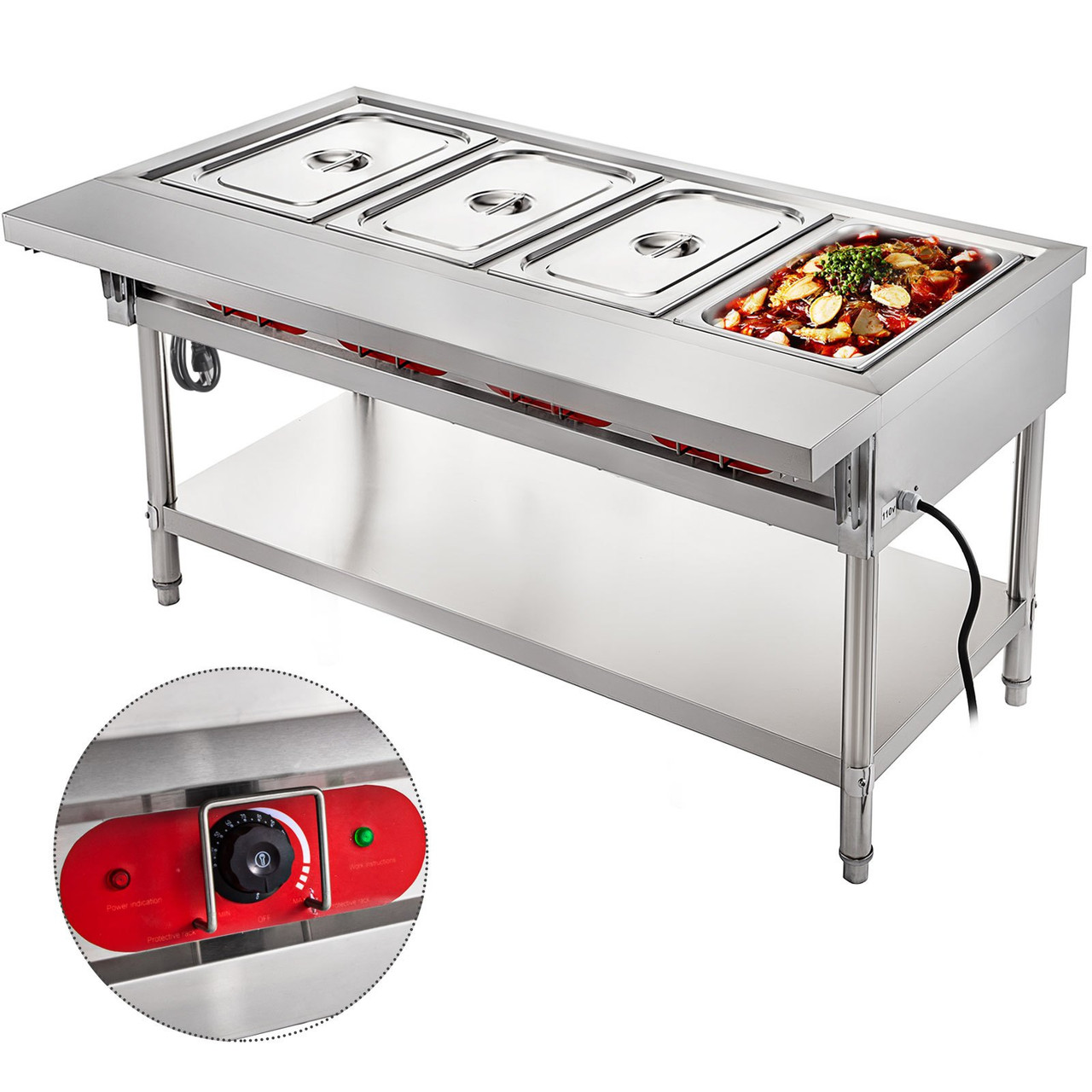 Steam Table Food Warmer 4 Pot Steam Table Food Warmer 18 Quart/Pan with Lids with 7 Inch Cutting Board Commercial Electric Food Warmer Bain Marie Buffet Steam Serving Counter 110V 2000W