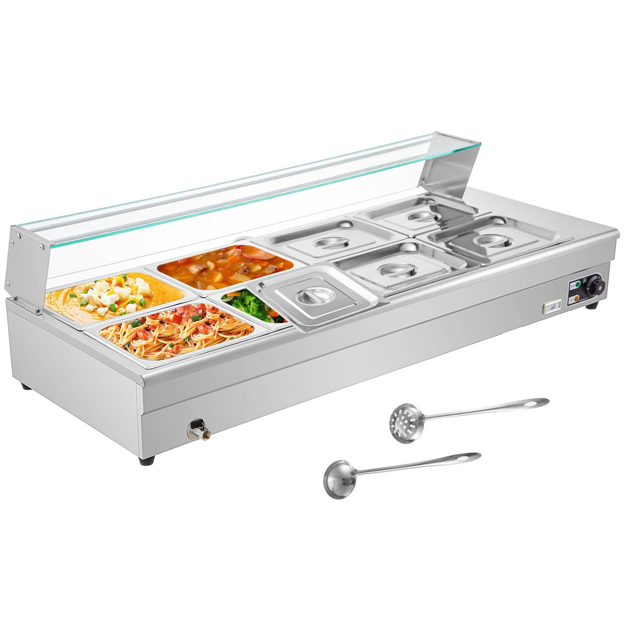 110V Bain Marie Food Warmer 8 Pan x 1/2 GN,Food Grade Stainelss Steel Commercial Food Steam Table 6-Inch Deep, 1500W Electric Countertop Food Warmer 88 Quart with Tempered Glass Shield